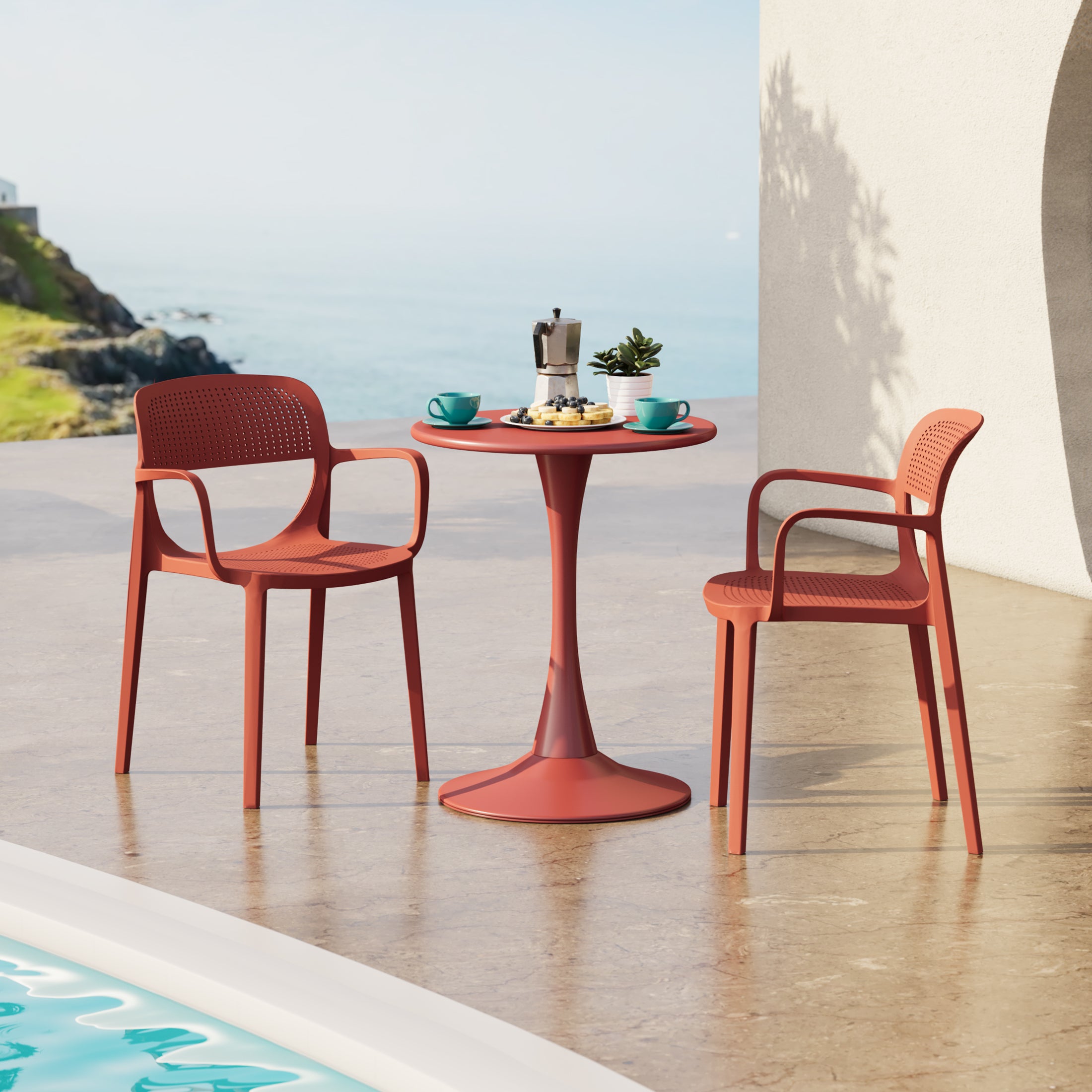 Sunshine 3-Piece Round Metal Bistro Dining Table Set And Stackable Resin Patio Dining Arm Chairs
