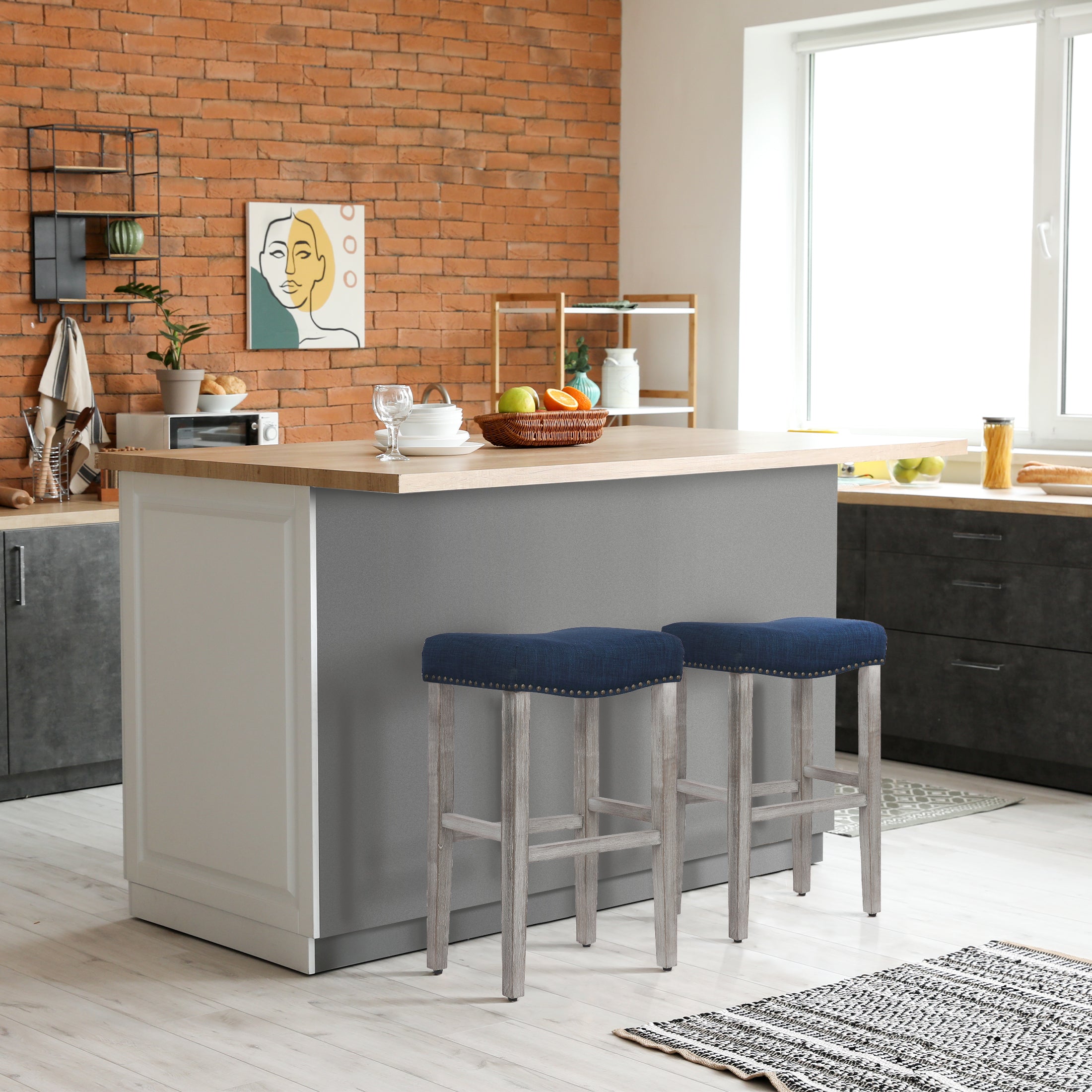 Bulmon 29" upholstered nail head bar counter stools with Antique Gray color legs (2 piece set)