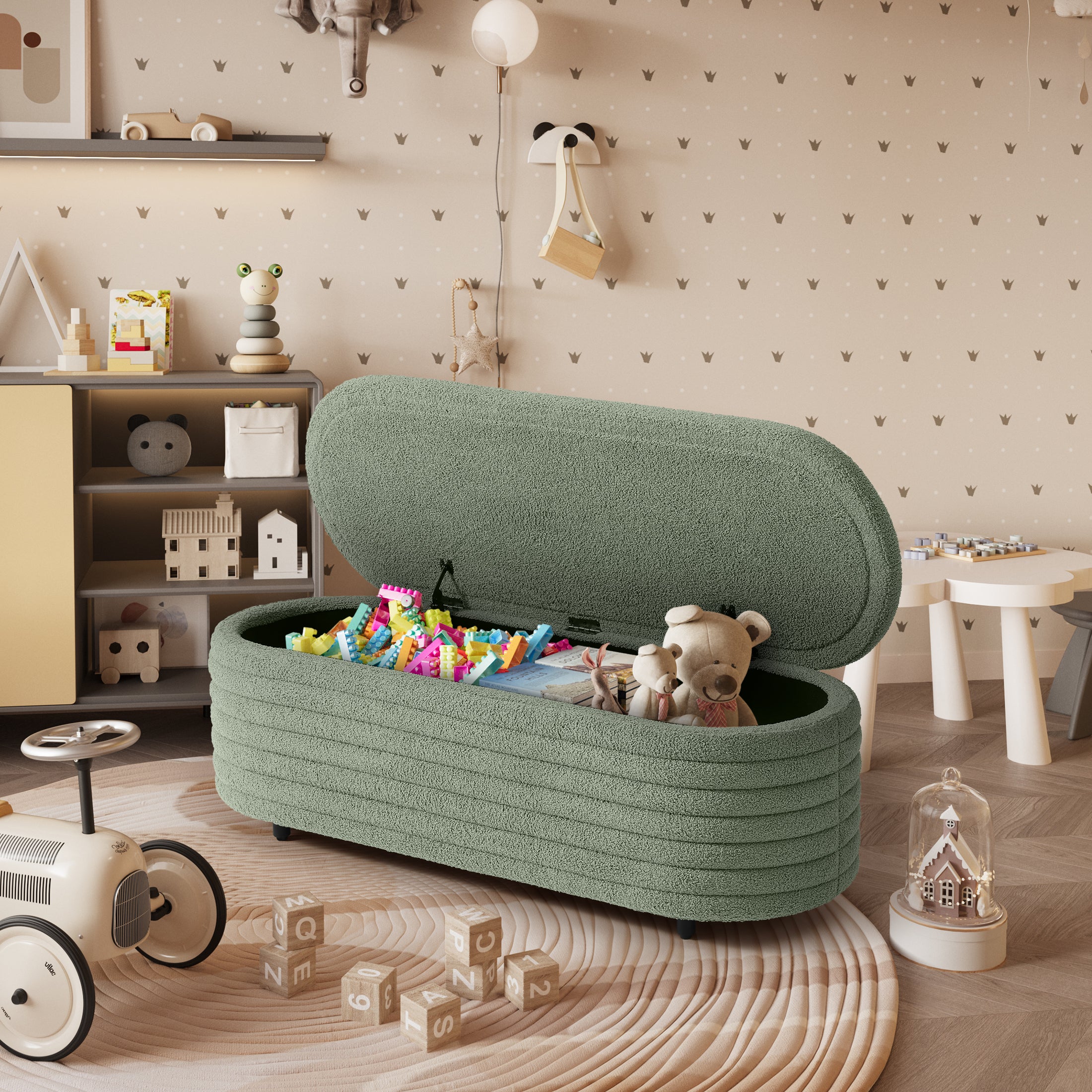 Celine 54" Wide Mid-Century Modern Upholstered Teddy Sherpa Tufted Oval Storage Ottoman Bench