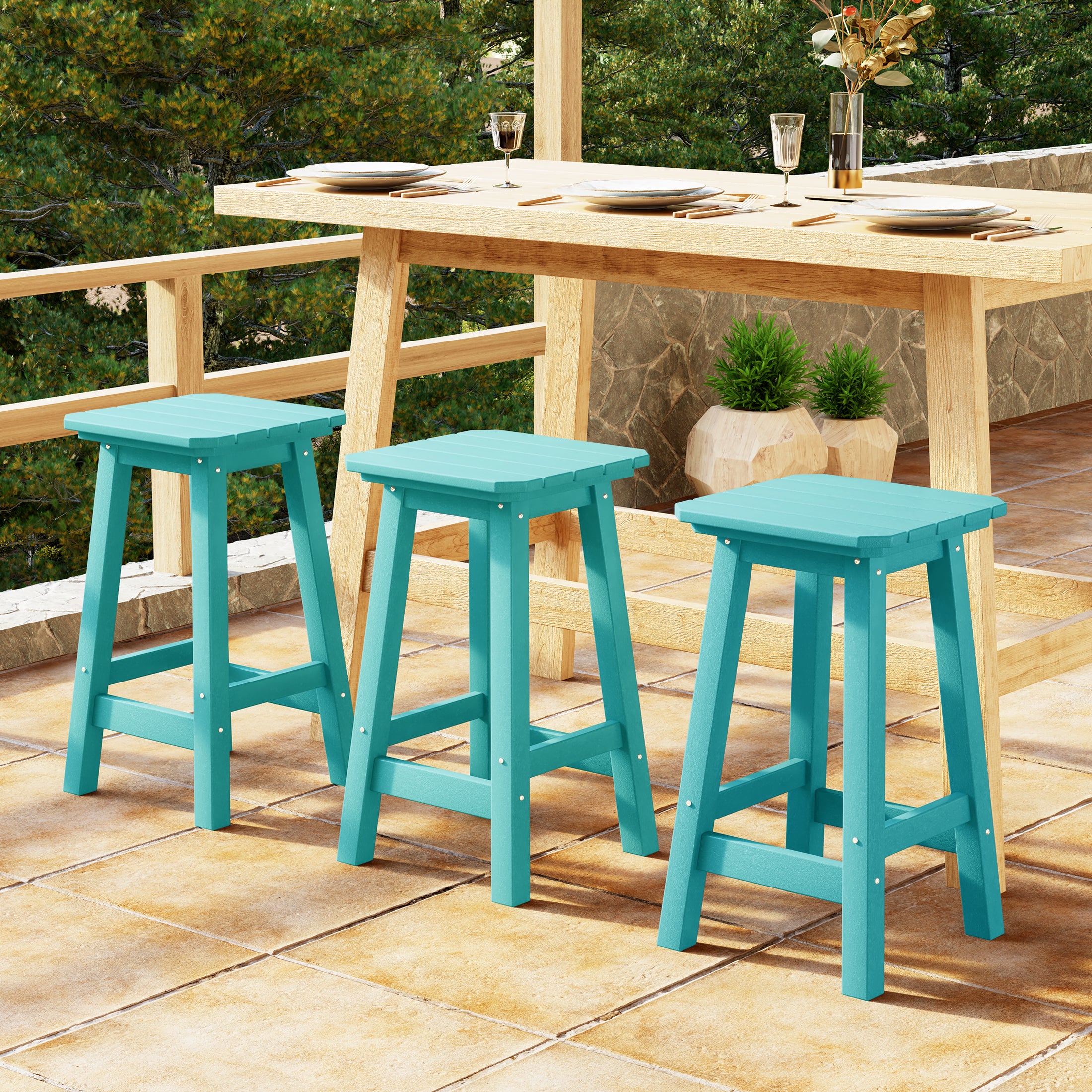 Paradise 24" HDPE Outdoor Patio Counter High Backless Square Bar Stools Set of Three