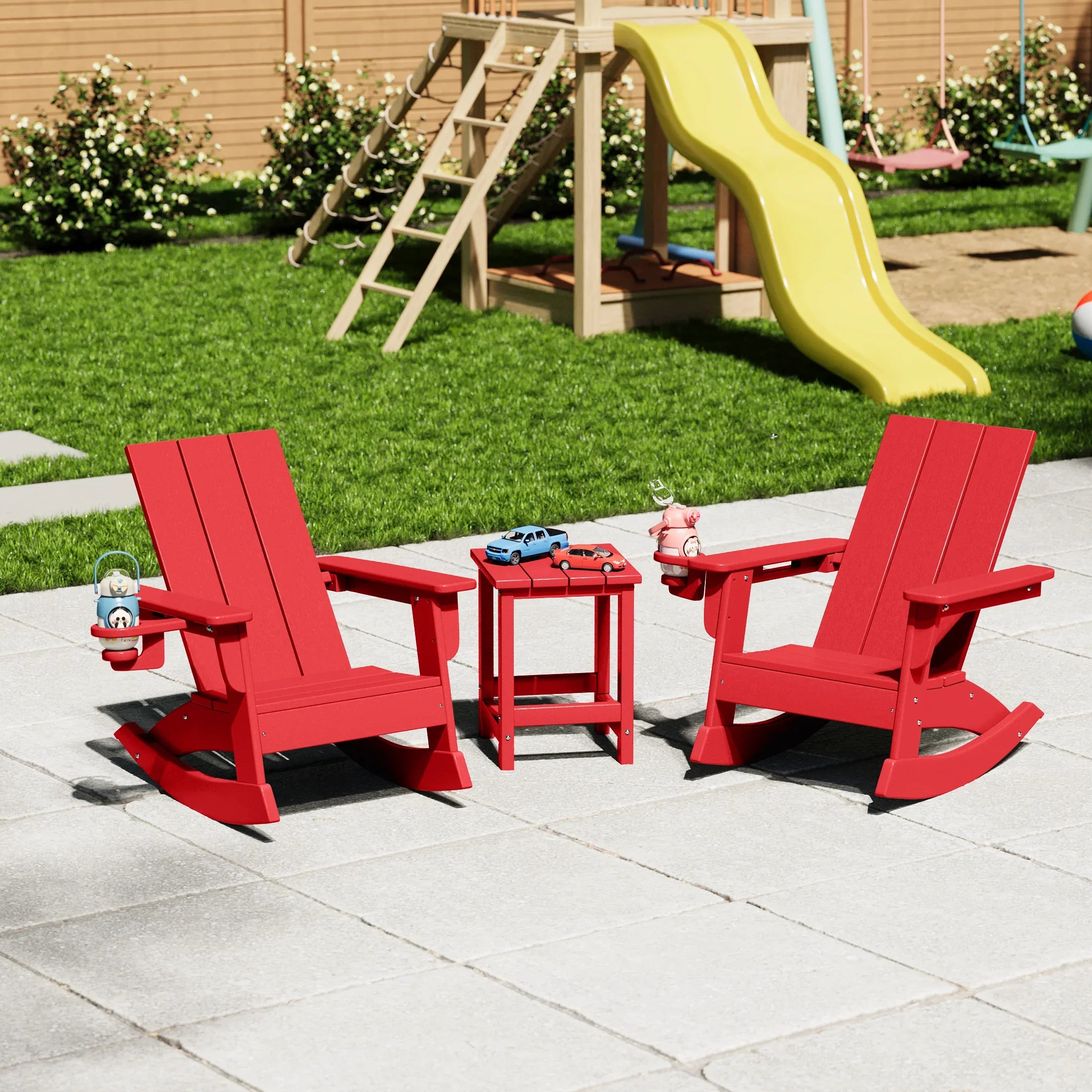Palms 3-Piece Kids Modern Rocking Chair With Cup Holder and Square Side Table Set