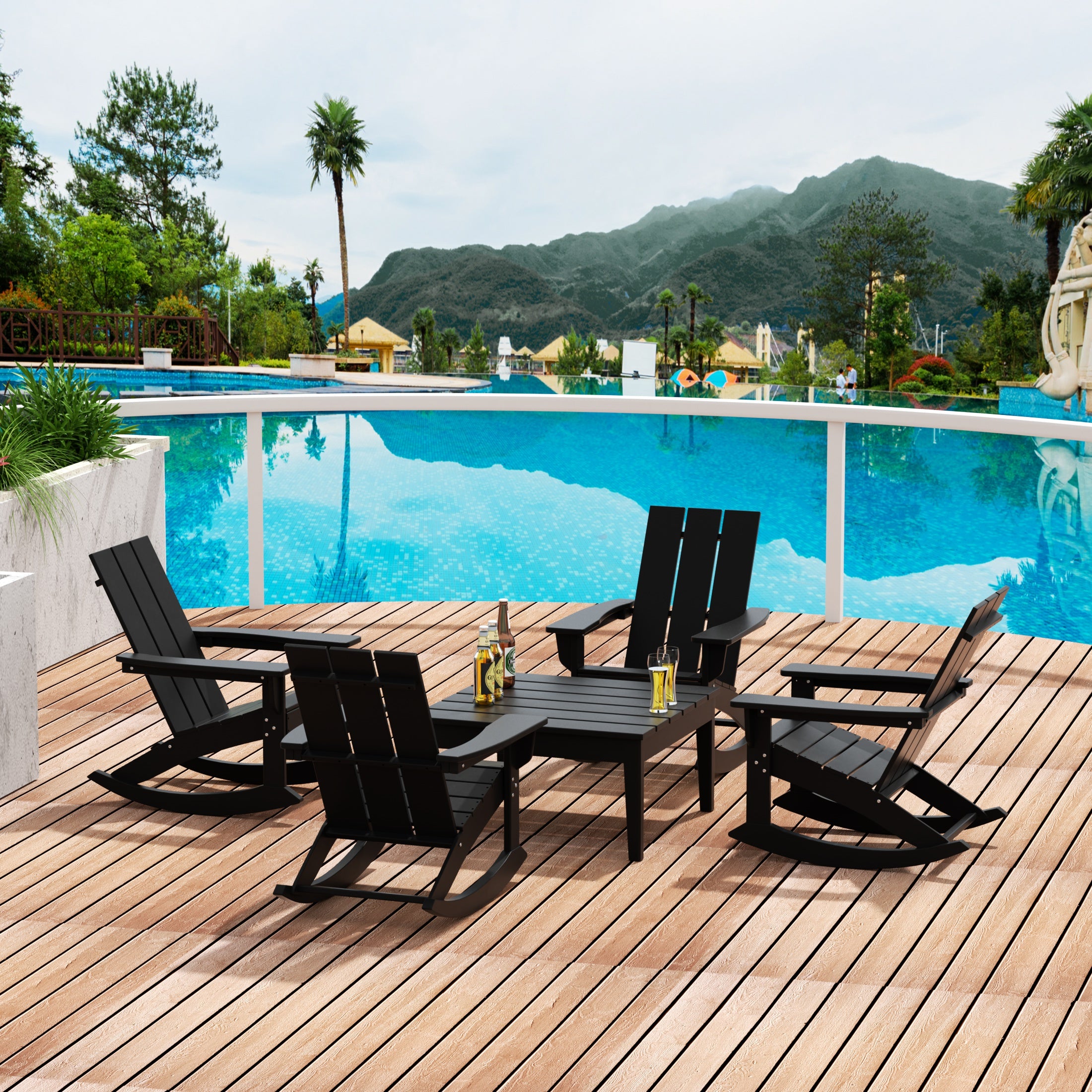 Palms 5-Piece Set Modern Plastic Outdoor Rocking Chairs with Square Side Table