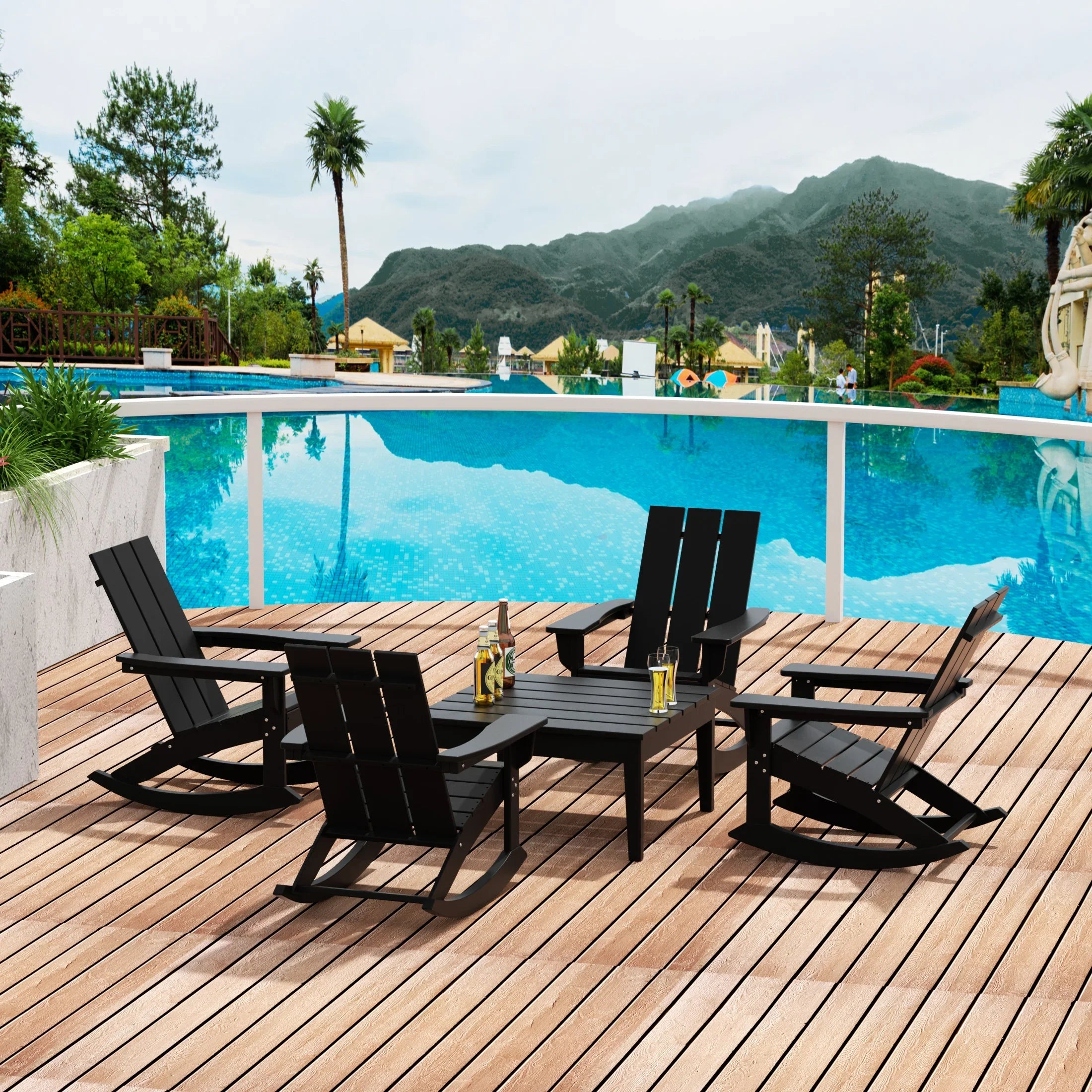 Palms 5-Piece Set Modern Plastic Outdoor Rocking Chairs with Square Side Table
