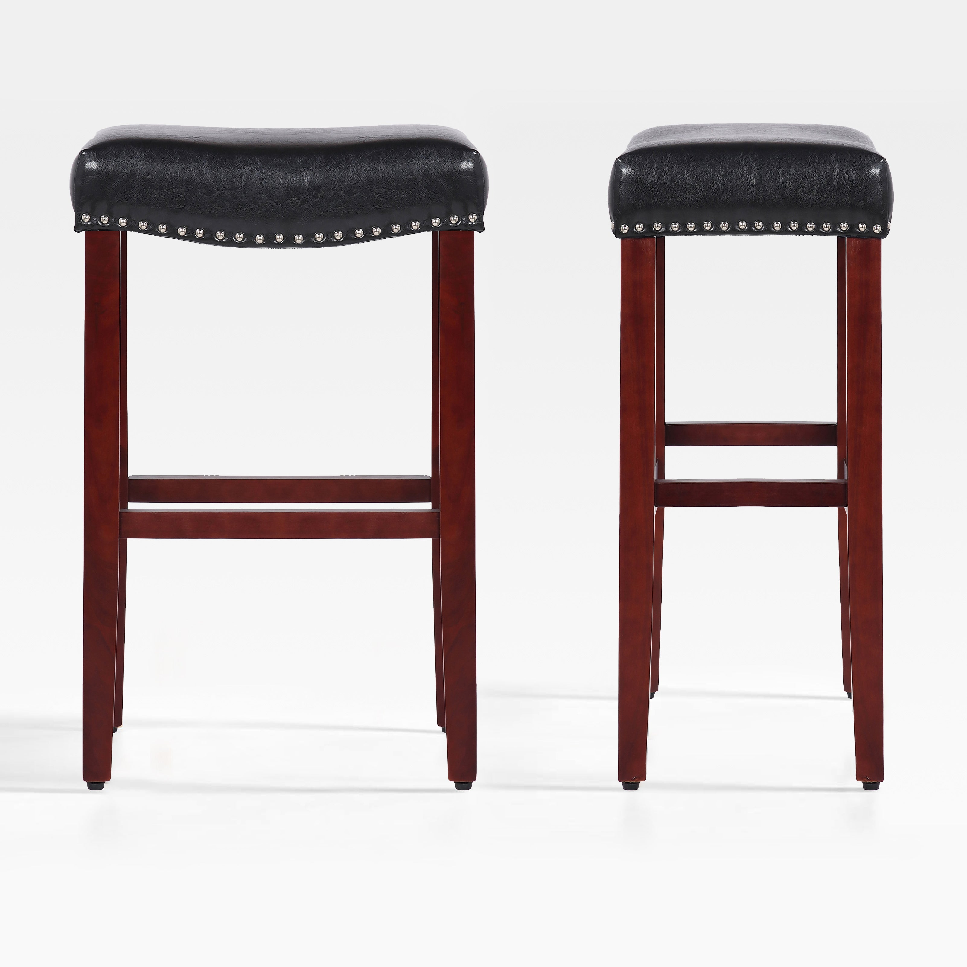 Bulmon 29" upholstered nail head bar counter stools with Cherry Red color legs (2 piece set)