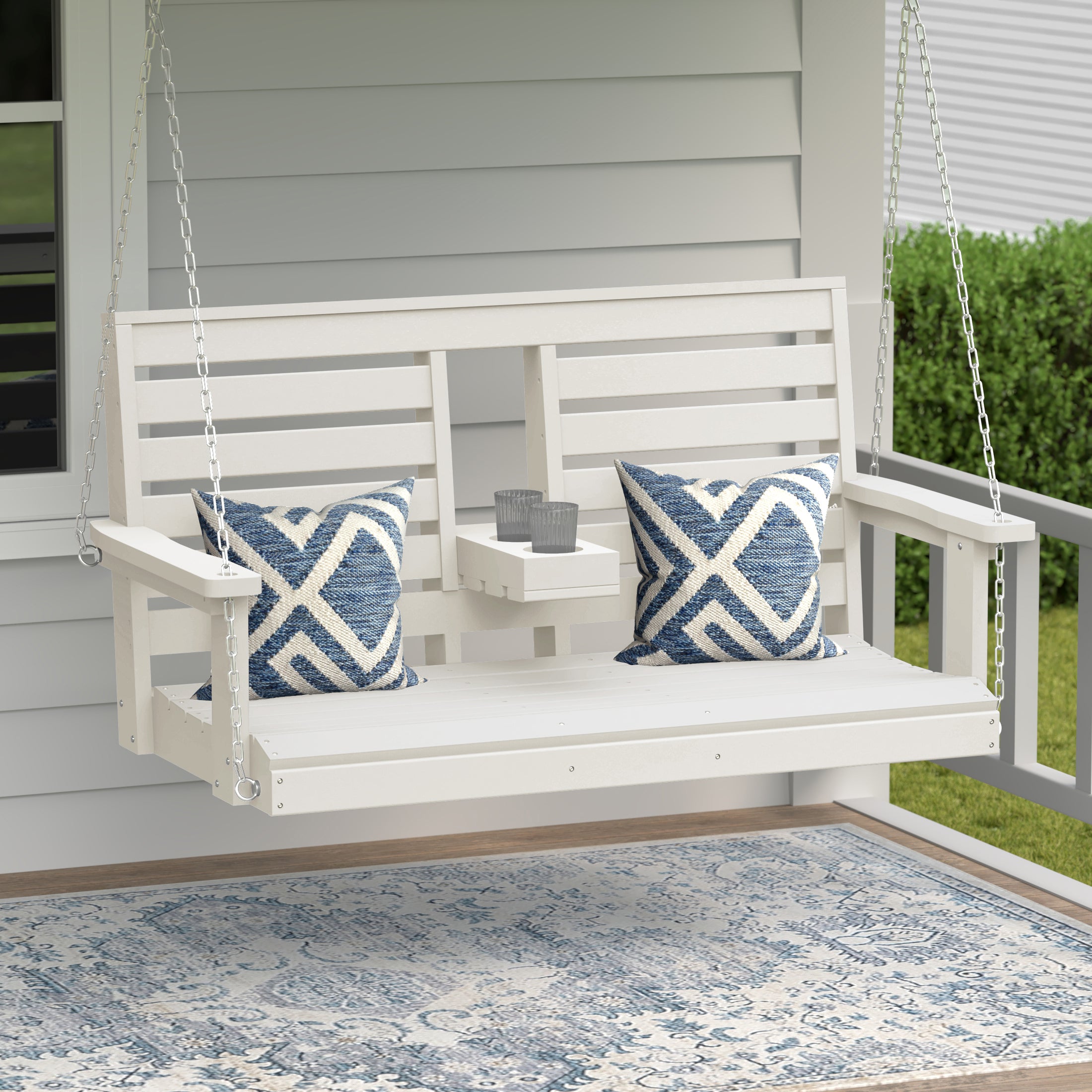 Charleston Outdoor HDPE 54" Front Hanging Porch Swing Bench With Cupholders