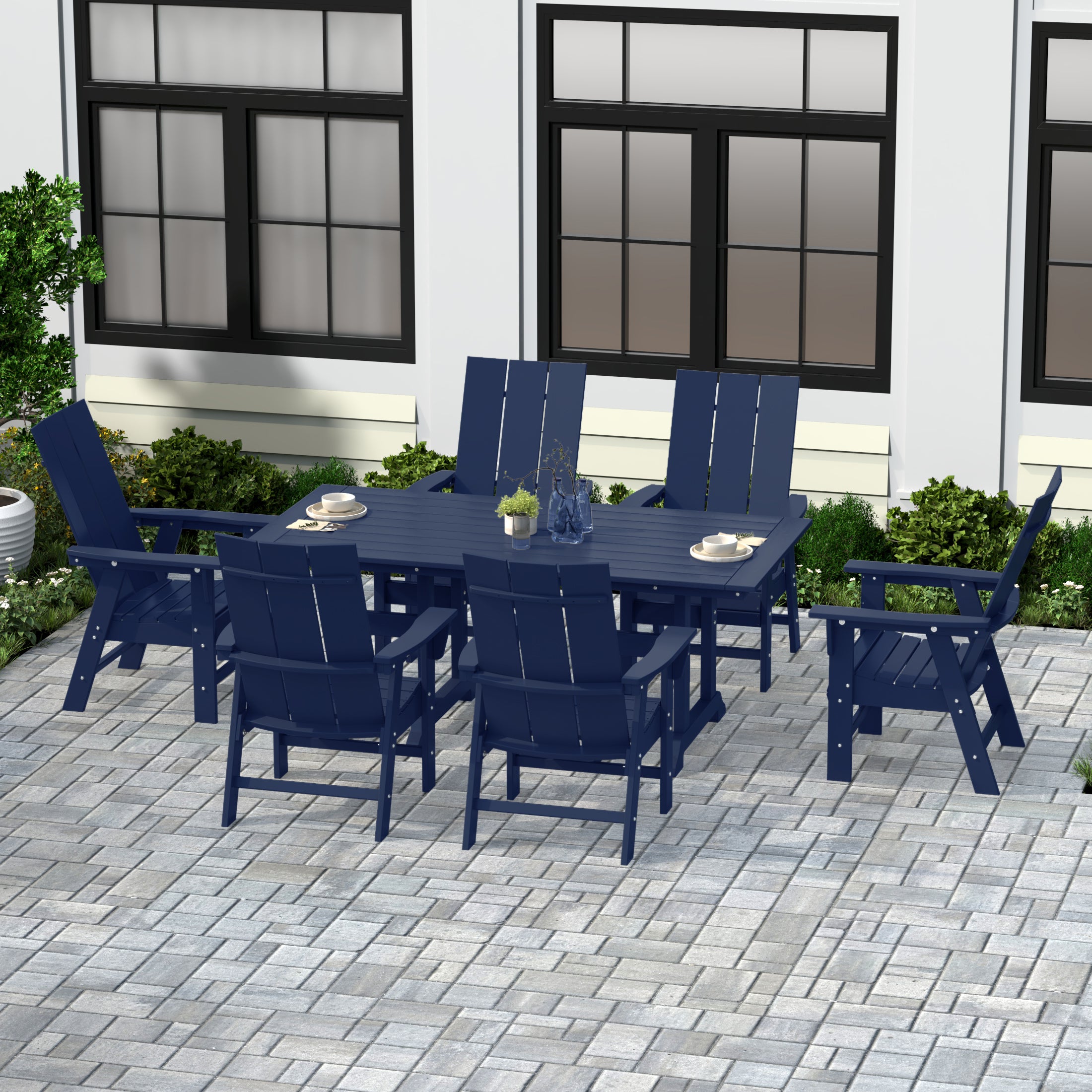 Palms 7 Piece Outdoor Patio Dining Table and Modern Adirondack Armchair Set