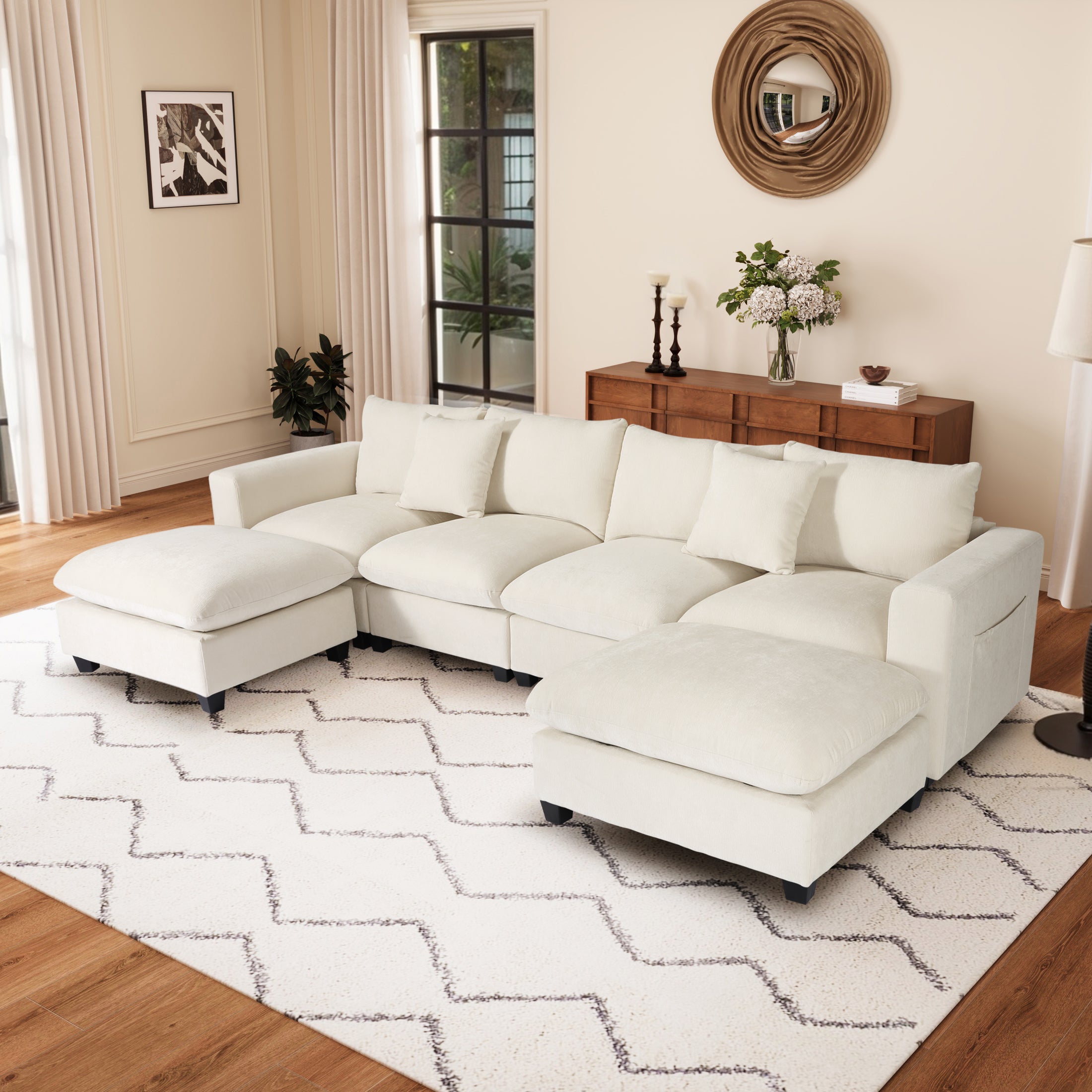 Springfield 128" Chenille Modular U-Shaped Sectional Couch and Chaise With USB/Type-C Ports and Side Pockets