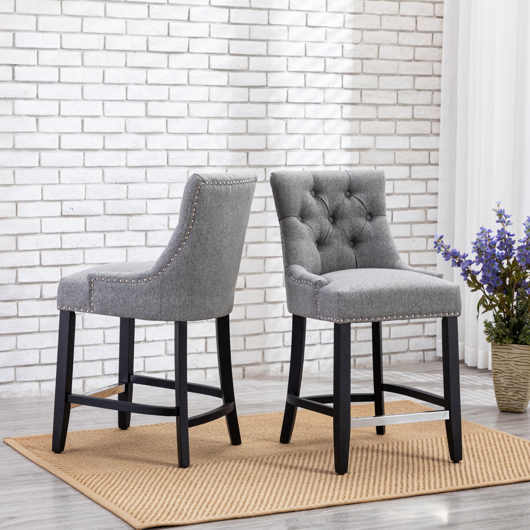 Bellmount 24" Upholstered Wood Bar Stool with Tufted Back (Set of 2)