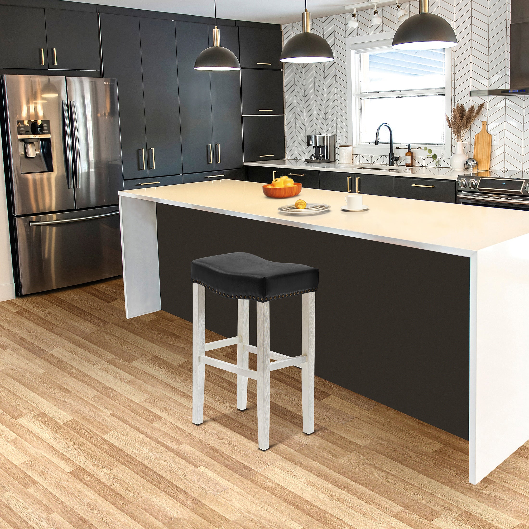 Bulmon 29" upholstered nail head bar counter stools with Antique White color legs