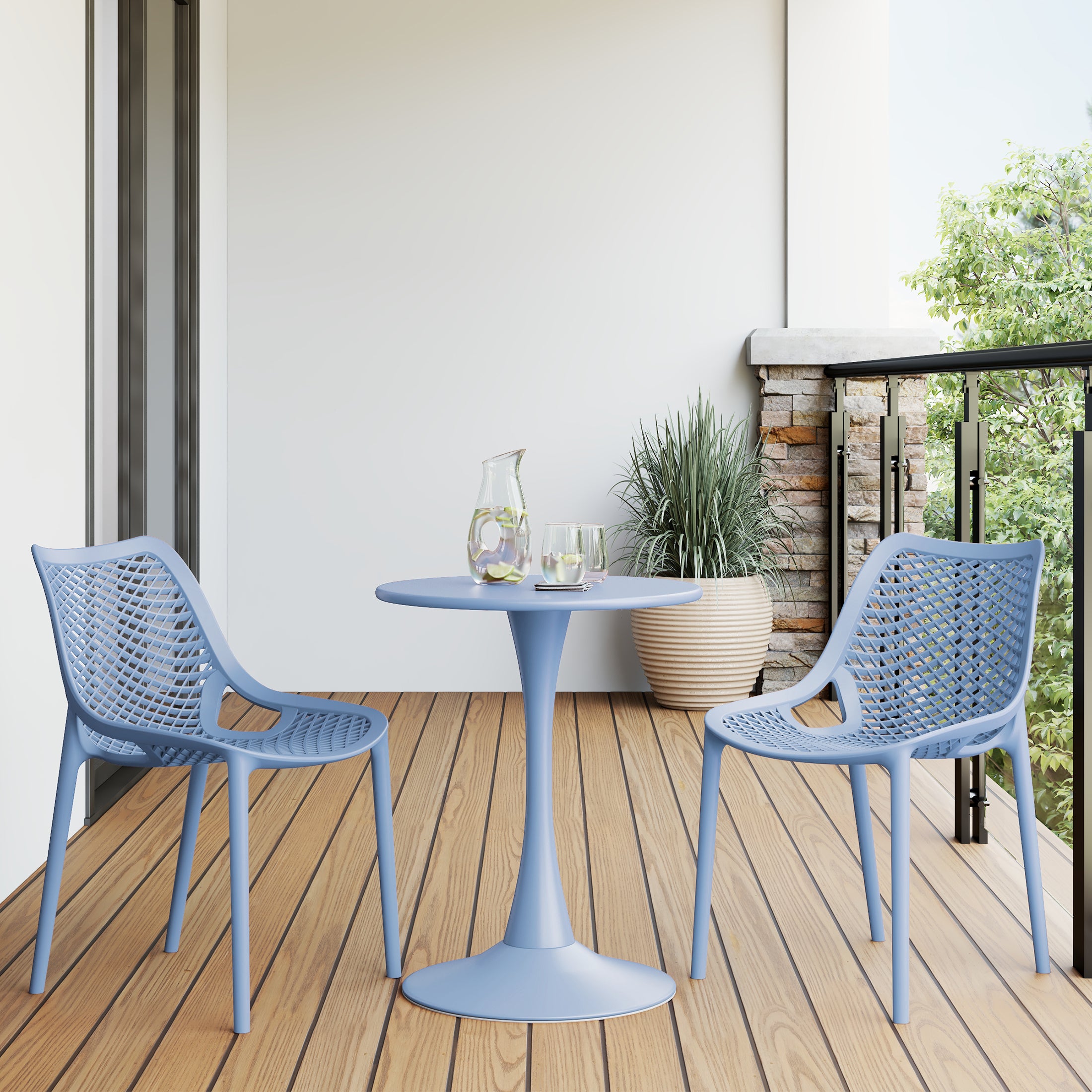 Sunshine 3-Piece Outdoor Round Metal Dining Table Set And Stackable Resin Patio Dining Side Chairs