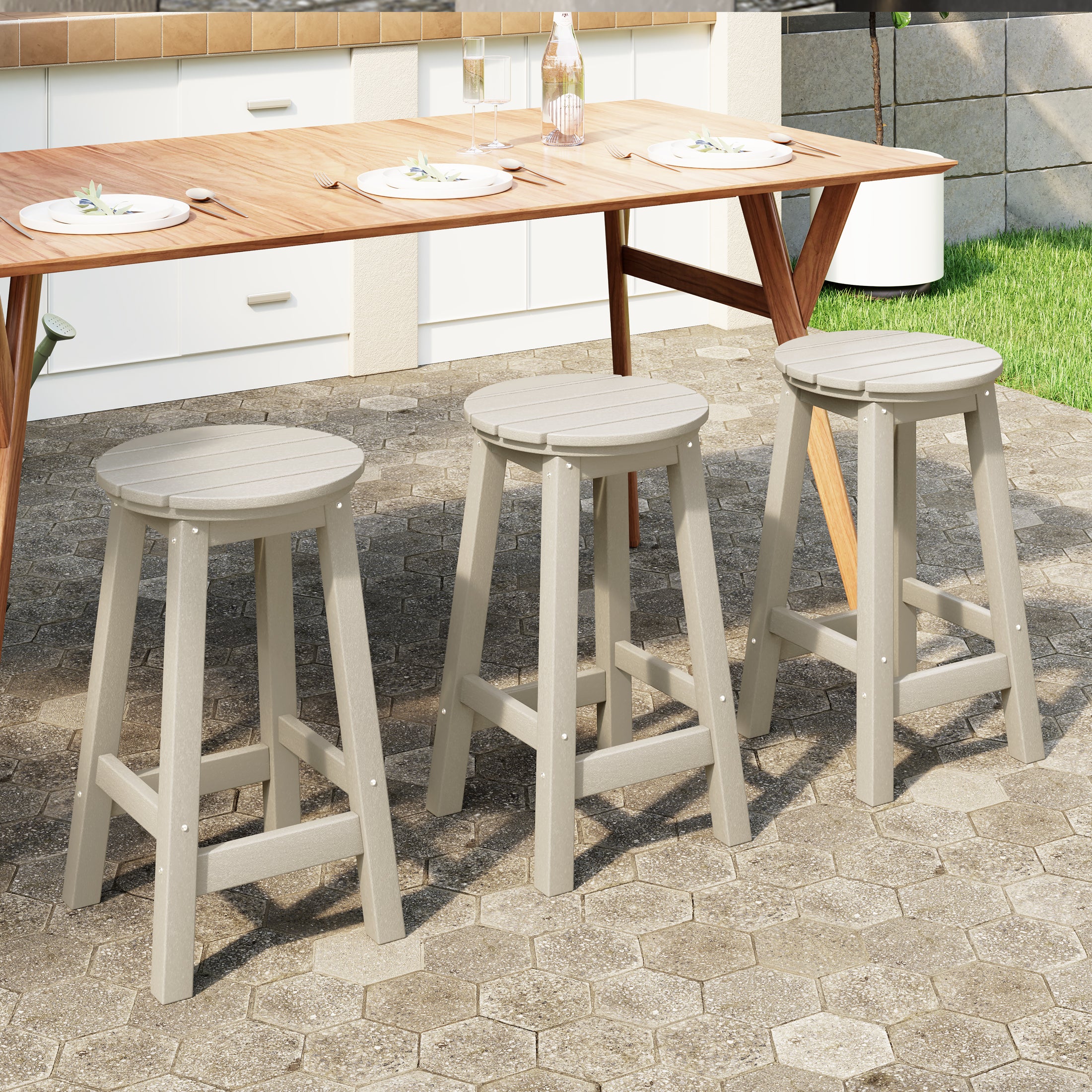 Paradise 24" HDPE Outdoor Patio Round Counter Height Bar Stool Set of 3
