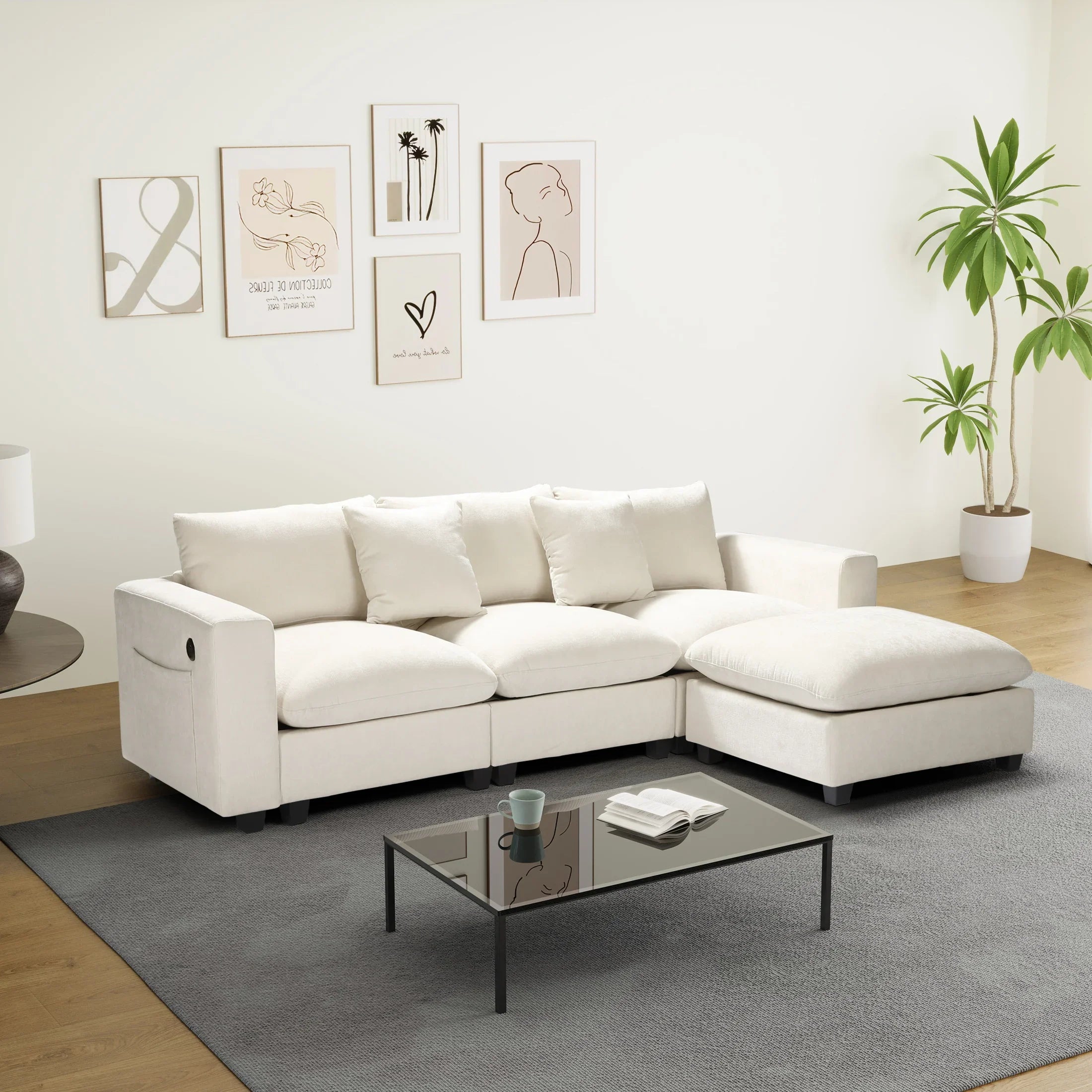 Springfield 99" Modular Chenille L-Shaped Sectional Sofa and Chaise With USB/Type-C Ports and Side Pockets