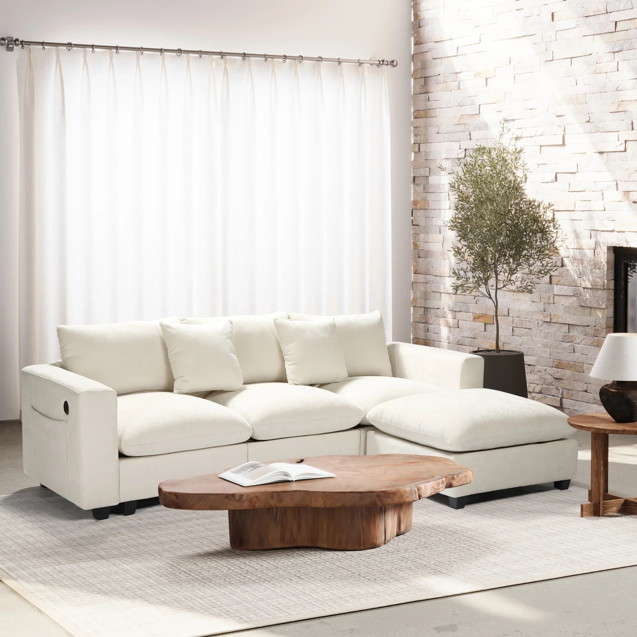Springfield 99" Modular Chenille L-Shaped Sectional Sofa and Chaise With USB/Type-C Ports and Side Pockets
