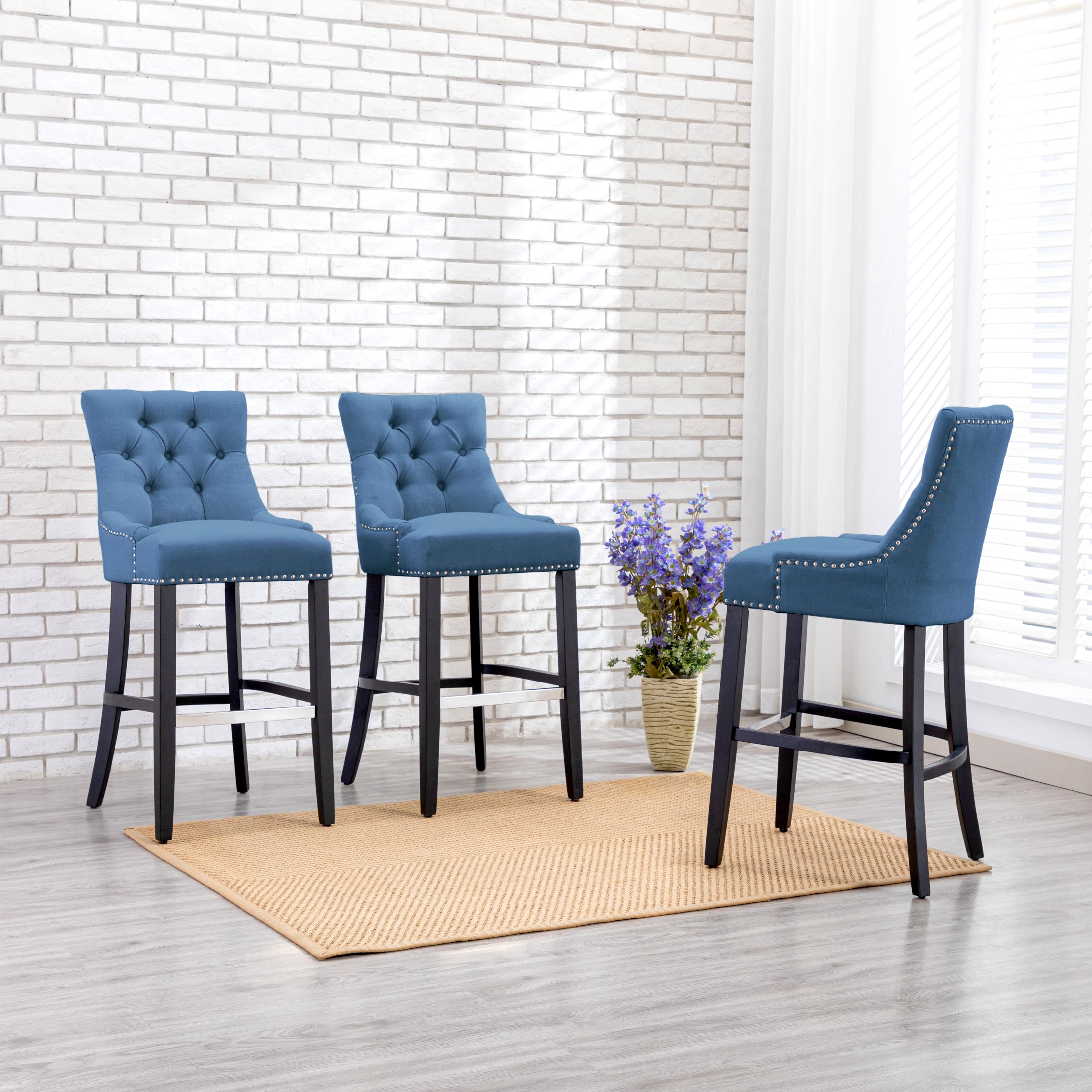 Bellmount 29" Upholstered Wood Bar Stool with Tufted Back (Set of 3)