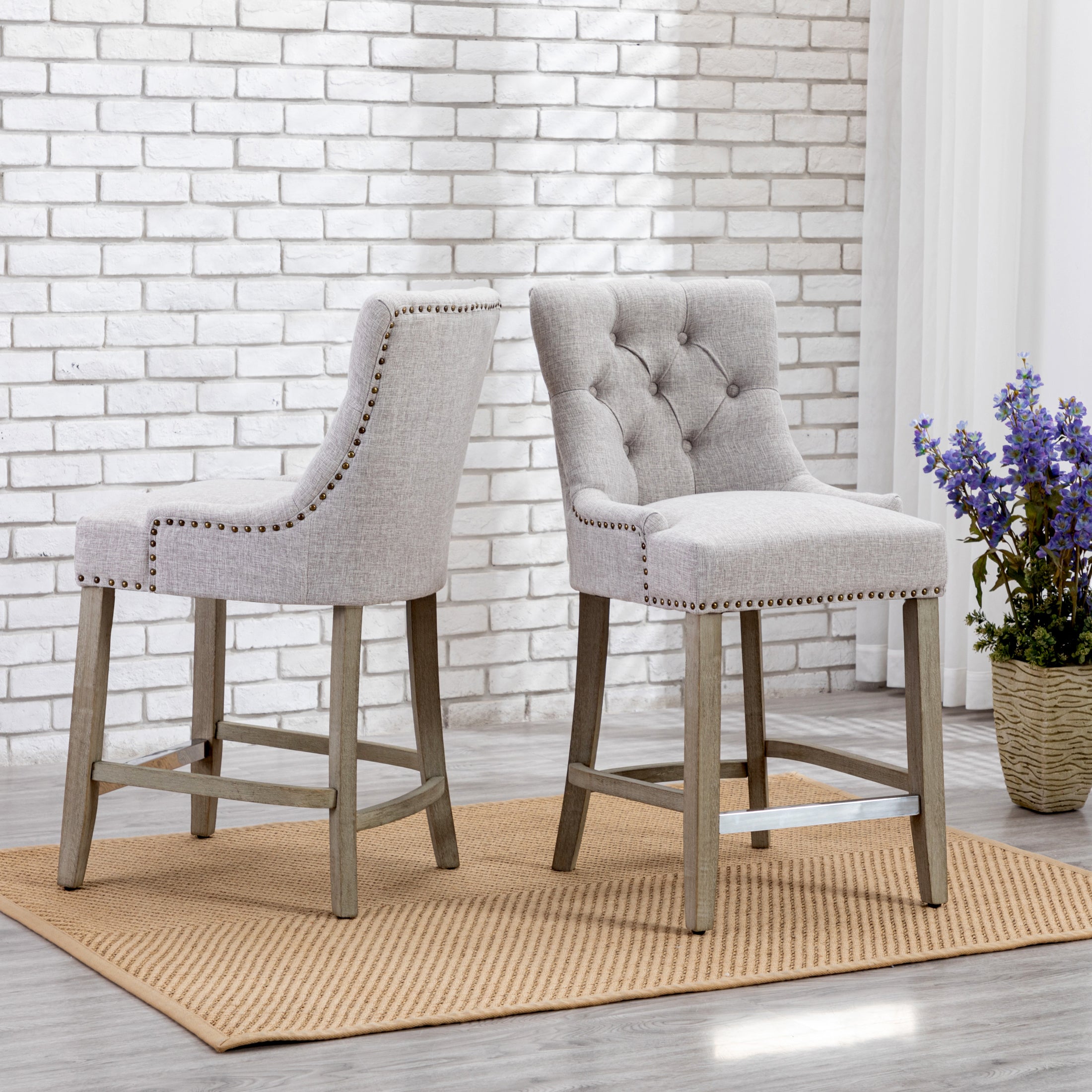 Bellmount 24" Upholstered Wood Bar Stool with Tufted Back (Set of 2)