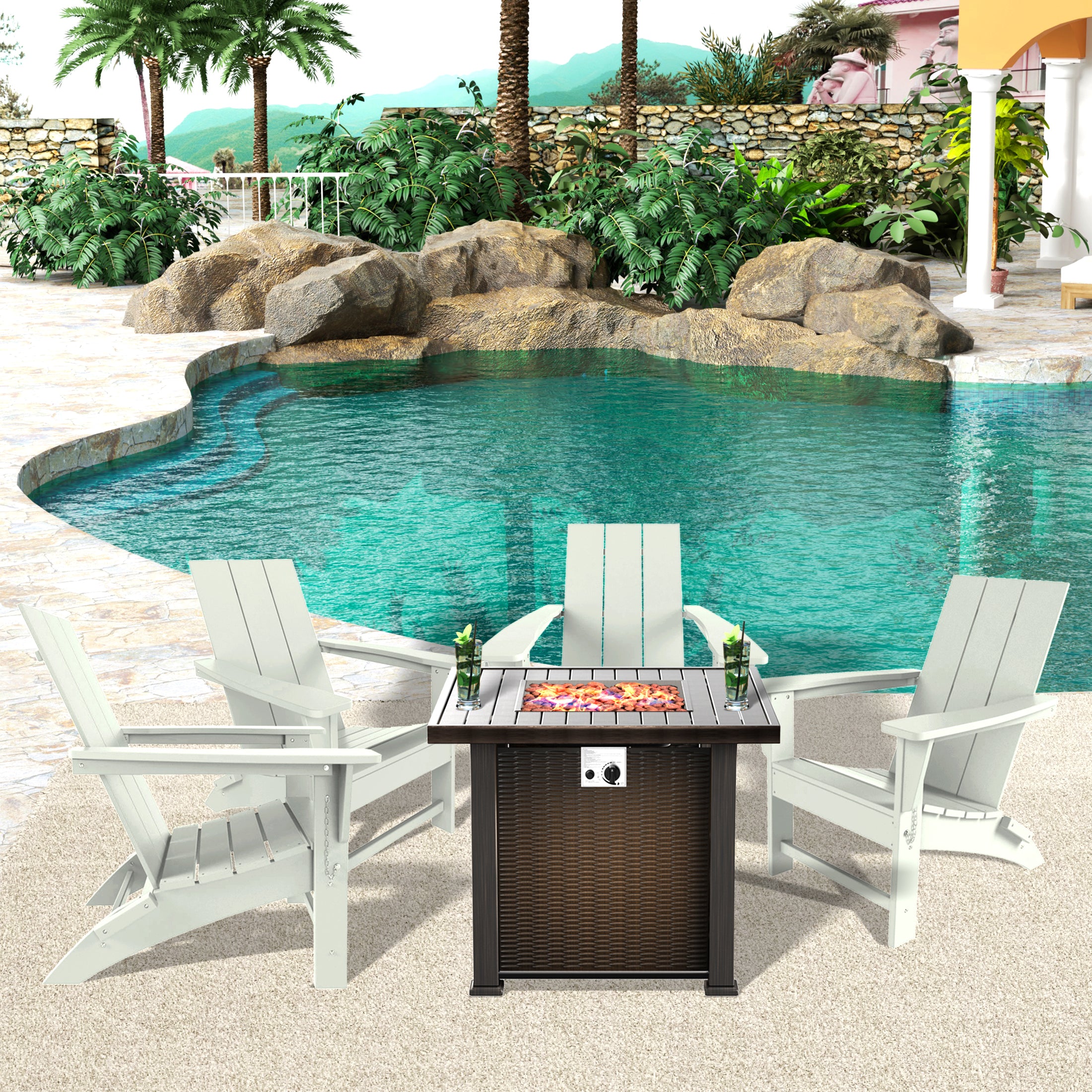 Palms Modern Folding Poly Adirondack Chair With Square Fire Pit Table