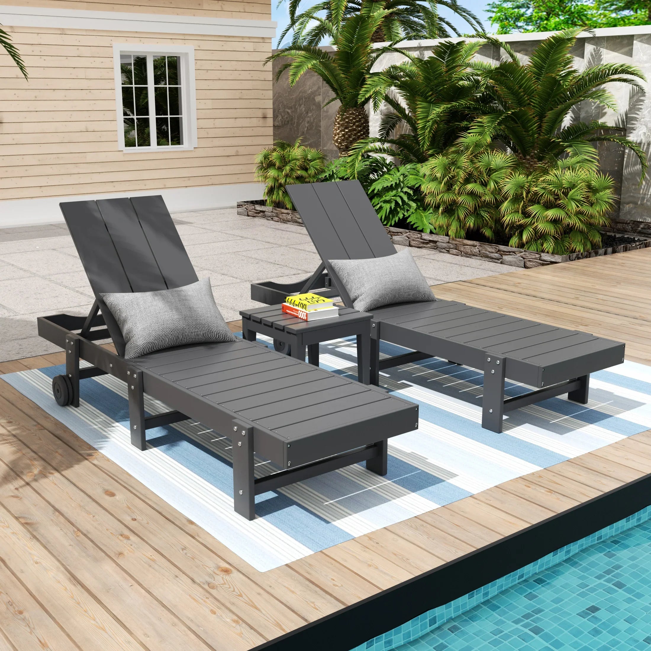 Palms 3 Piece Modern Poly Reclining Chaise Lounge With Wheels
