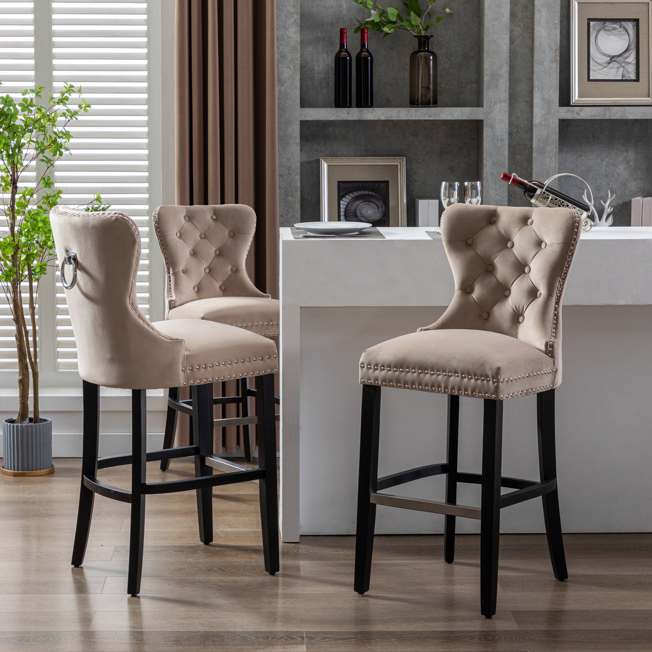 Hank 29" Tufted Velvet Bar Stool (Set of 3), Antique Gray