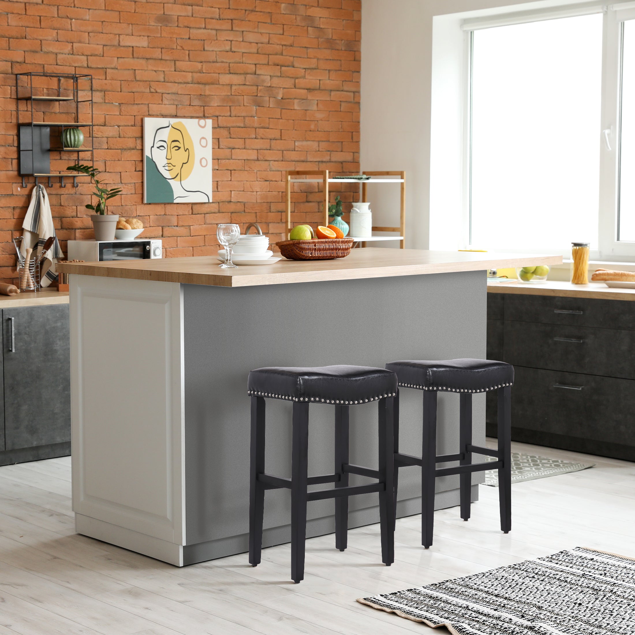 Bulmon 29" upholstered nail head bar counter stools with Black color legs (2 piece set)