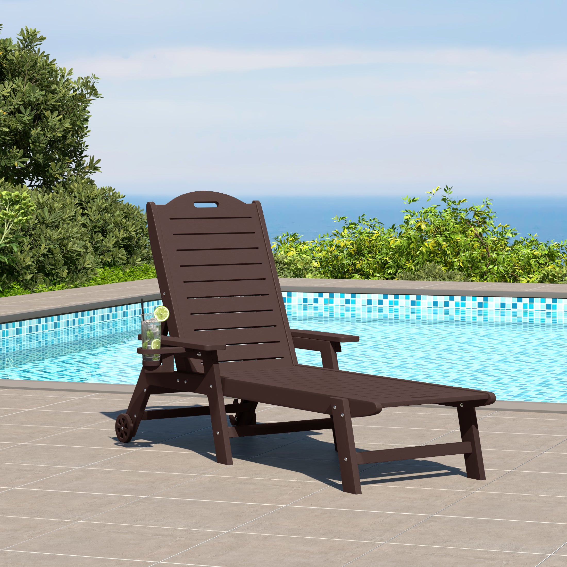 Lago Outdoor HDPE Patio Chaise Lounge With Wheels & Cup Holder