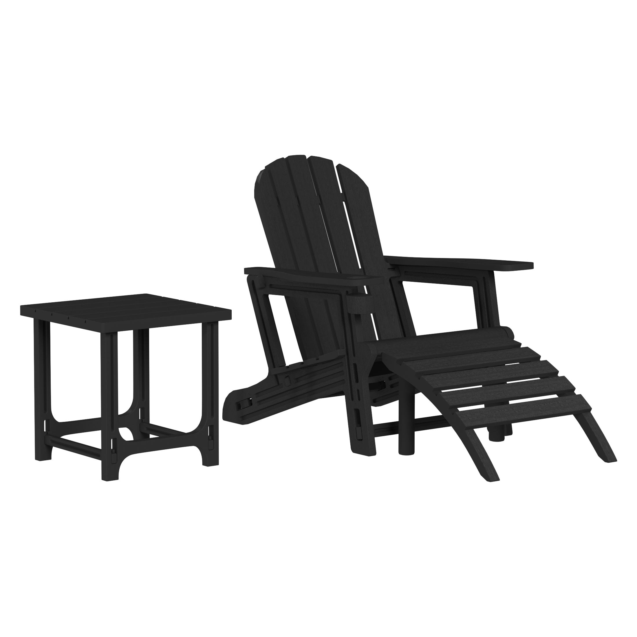 Cayman 3-Piece HDPE Outdoor Patio Adirondack Chair with Ottoman and 18" Side Table Set