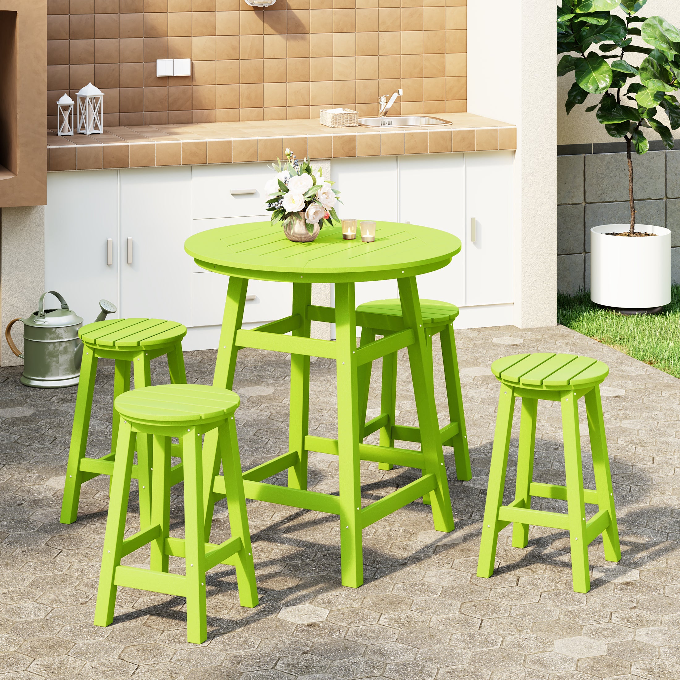 Paradise 5-Piece HDPE Outdoor Patio Dining Bar Bistro Table Set with Counter High Round Bar Stools