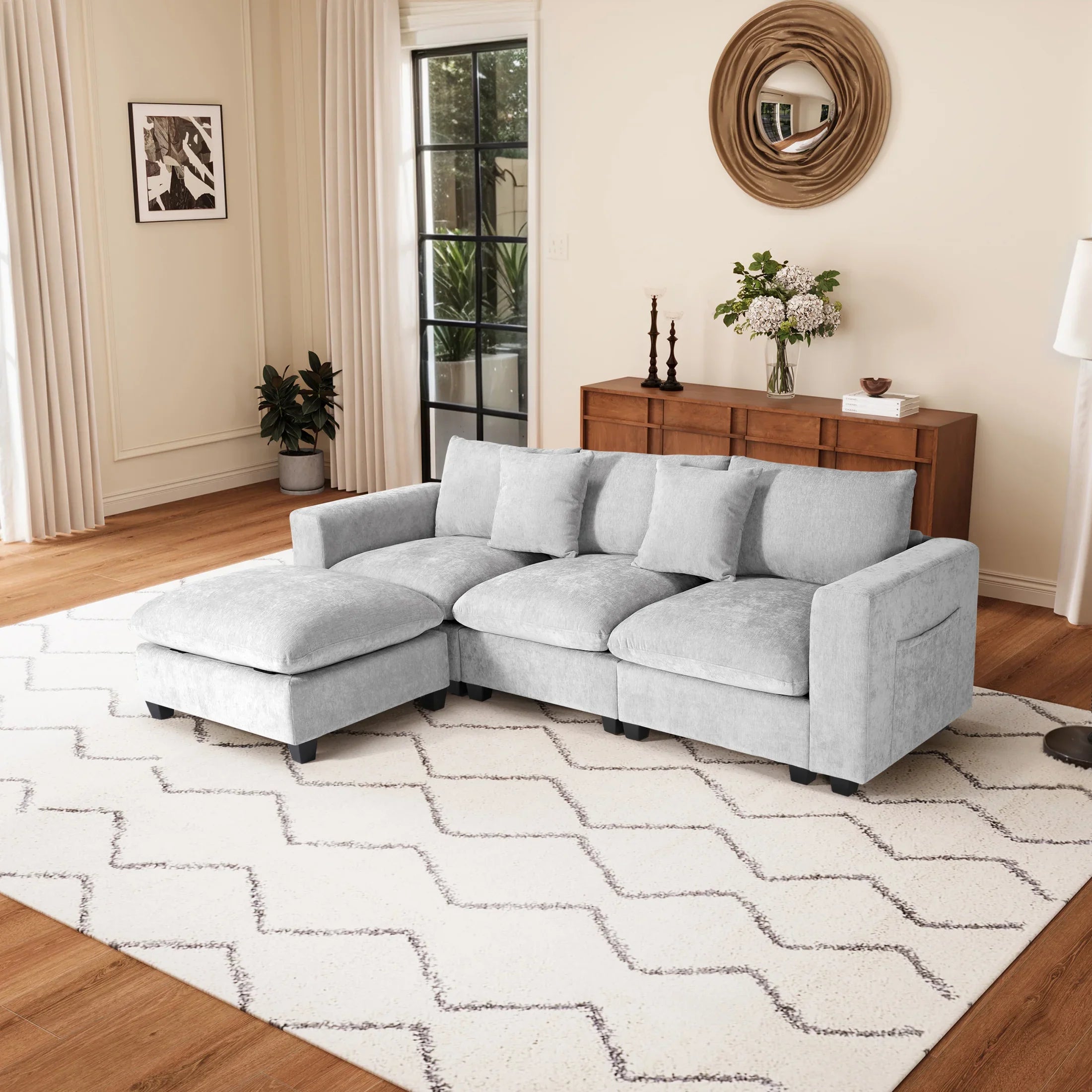 Springfield 99" Modular Chenille L-Shaped Sectional Sofa and Chaise With USB/Type-C Ports and Side Pockets