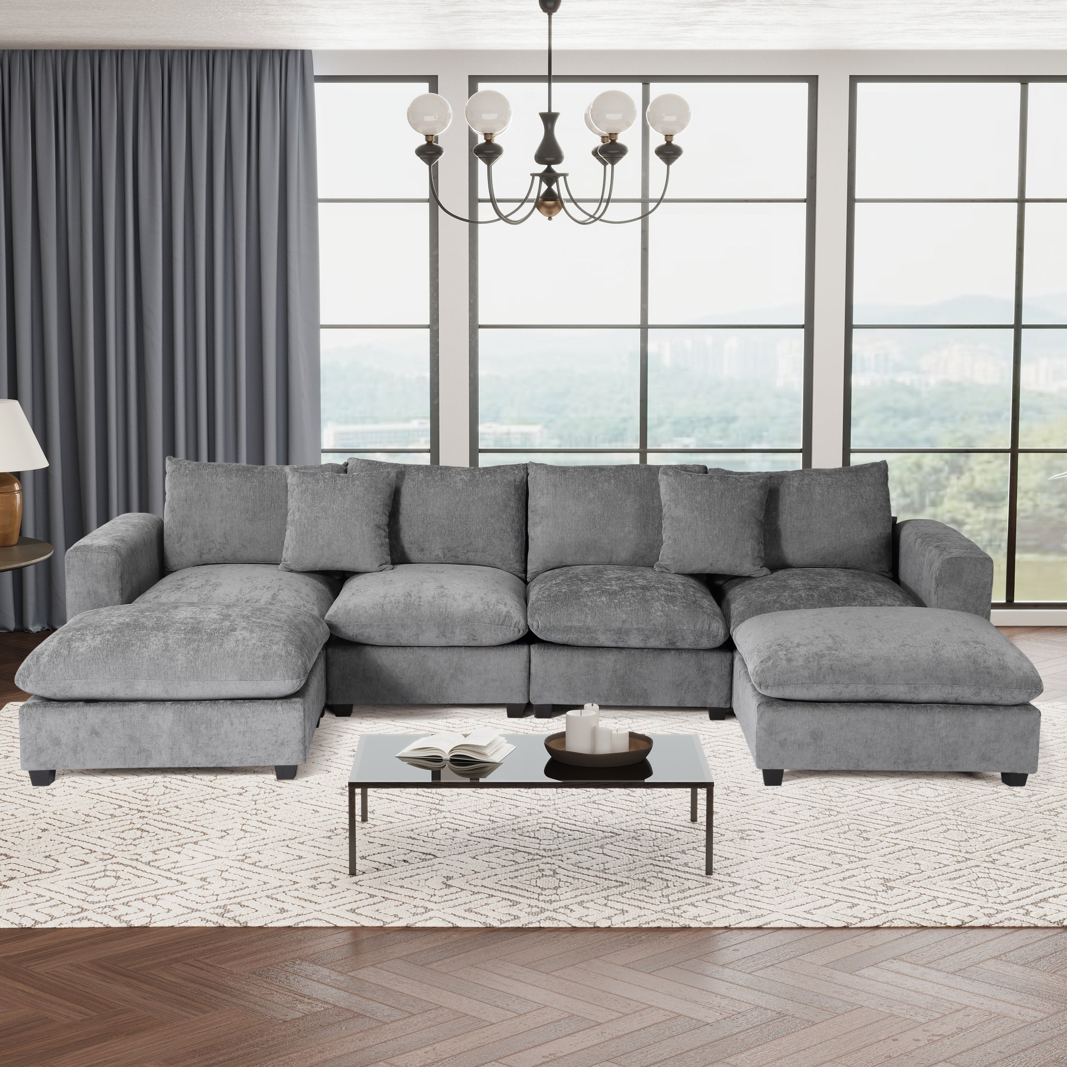 Springfield 128" Chenille Modular U-Shaped Sectional Couch and Chaise With USB/Type-C Ports and Side Pockets