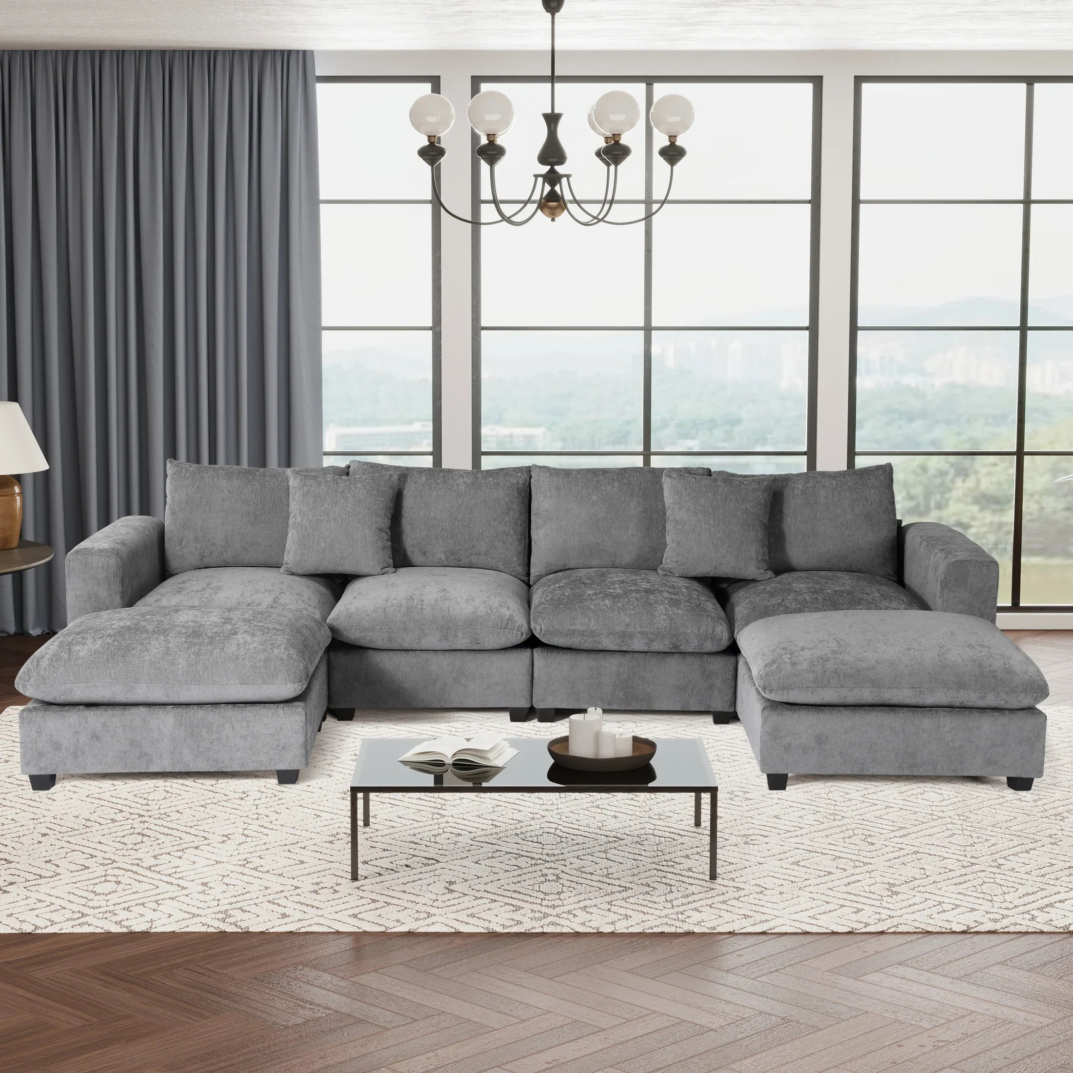 Springfield 128" Chenille Modular U-Shaped Sectional Couch and Chaise With USB/Type-C Ports and Side Pockets