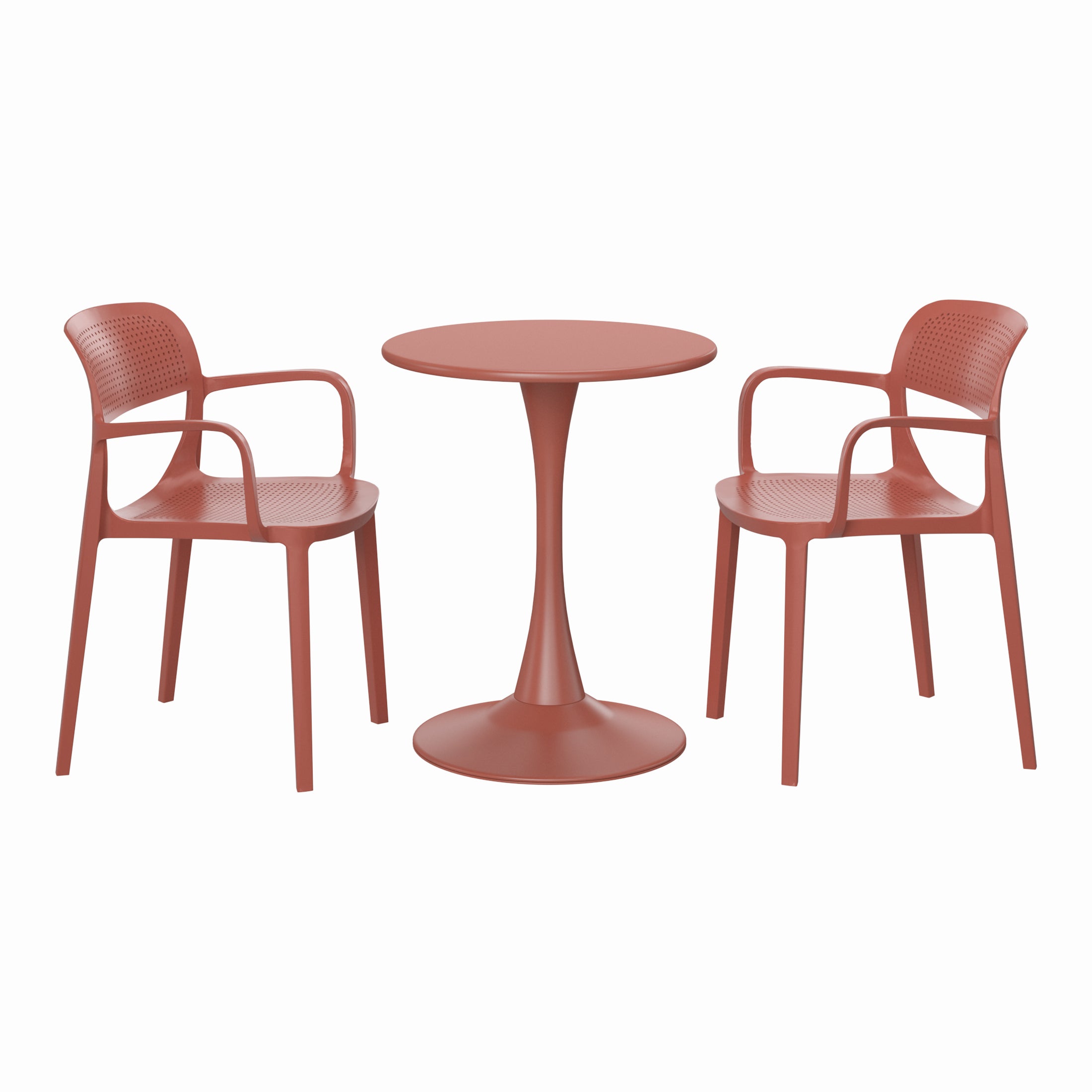 Sunshine 3-Piece Round Metal Bistro Dining Table Set And Stackable Resin Patio Dining Arm Chairs