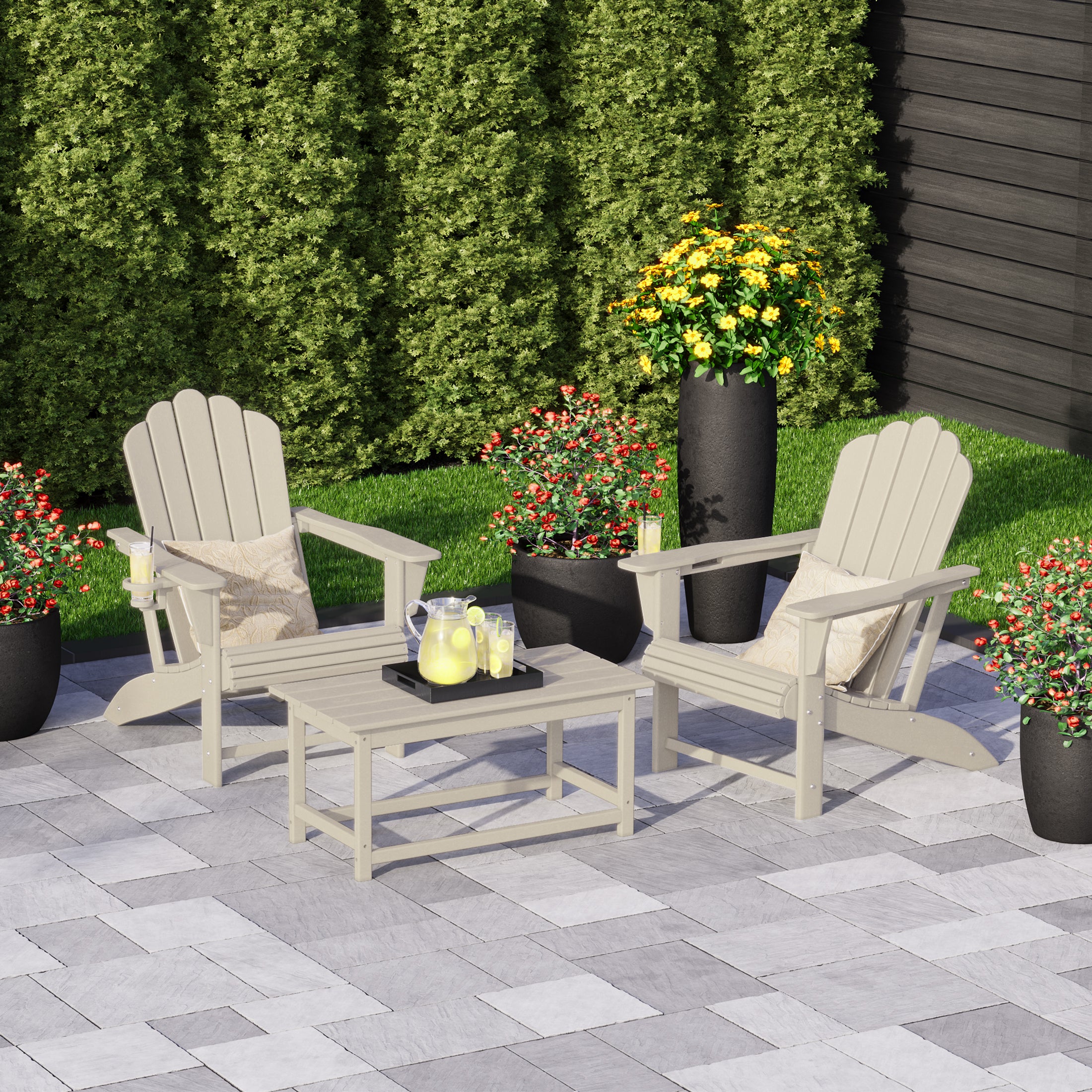 Lakeview 3-Piece Adirondack Chairs with Cup Holders and Coffee Table Set