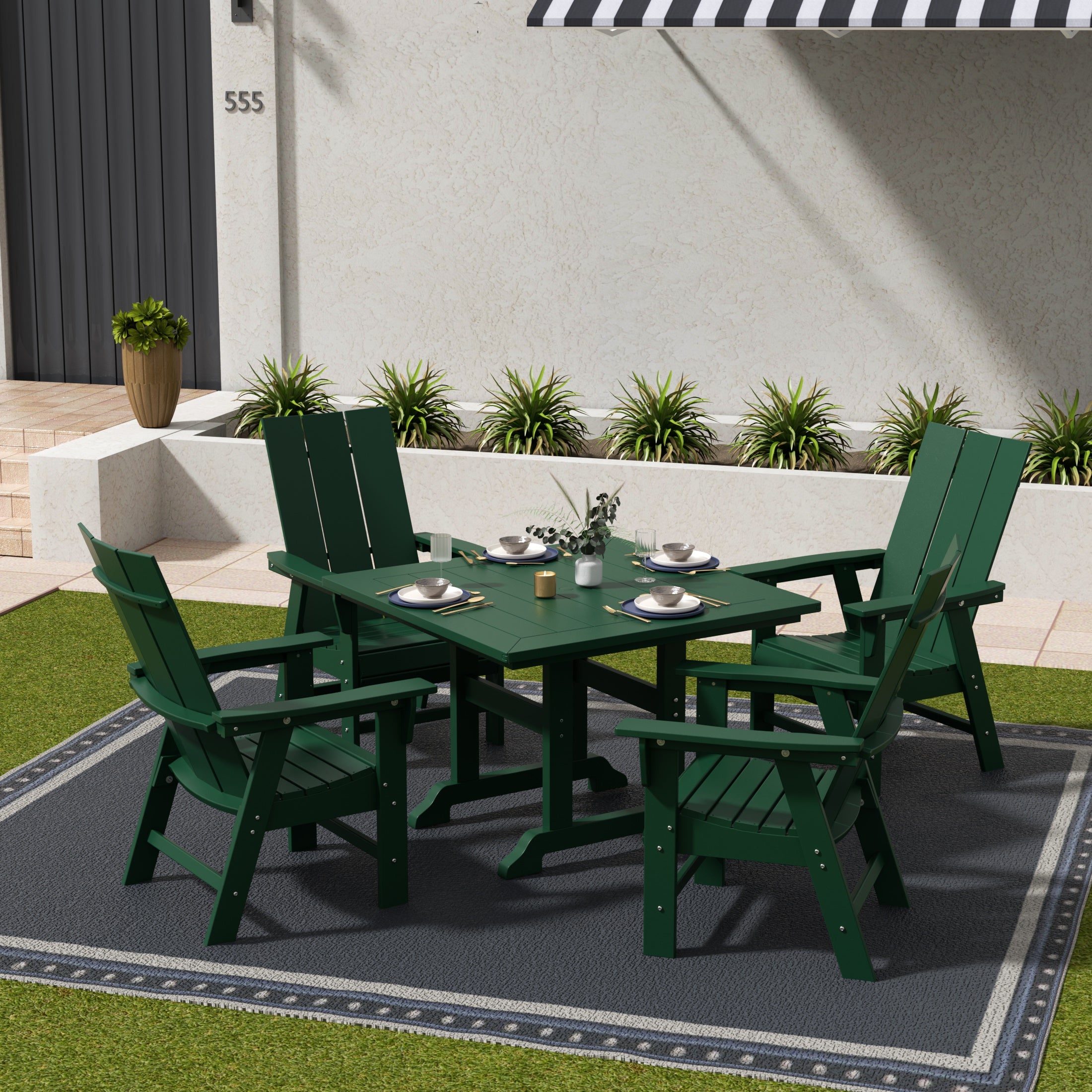 Palms 5 Piece Outdoor Patio Dining Square Table and Modern Armchair Set
