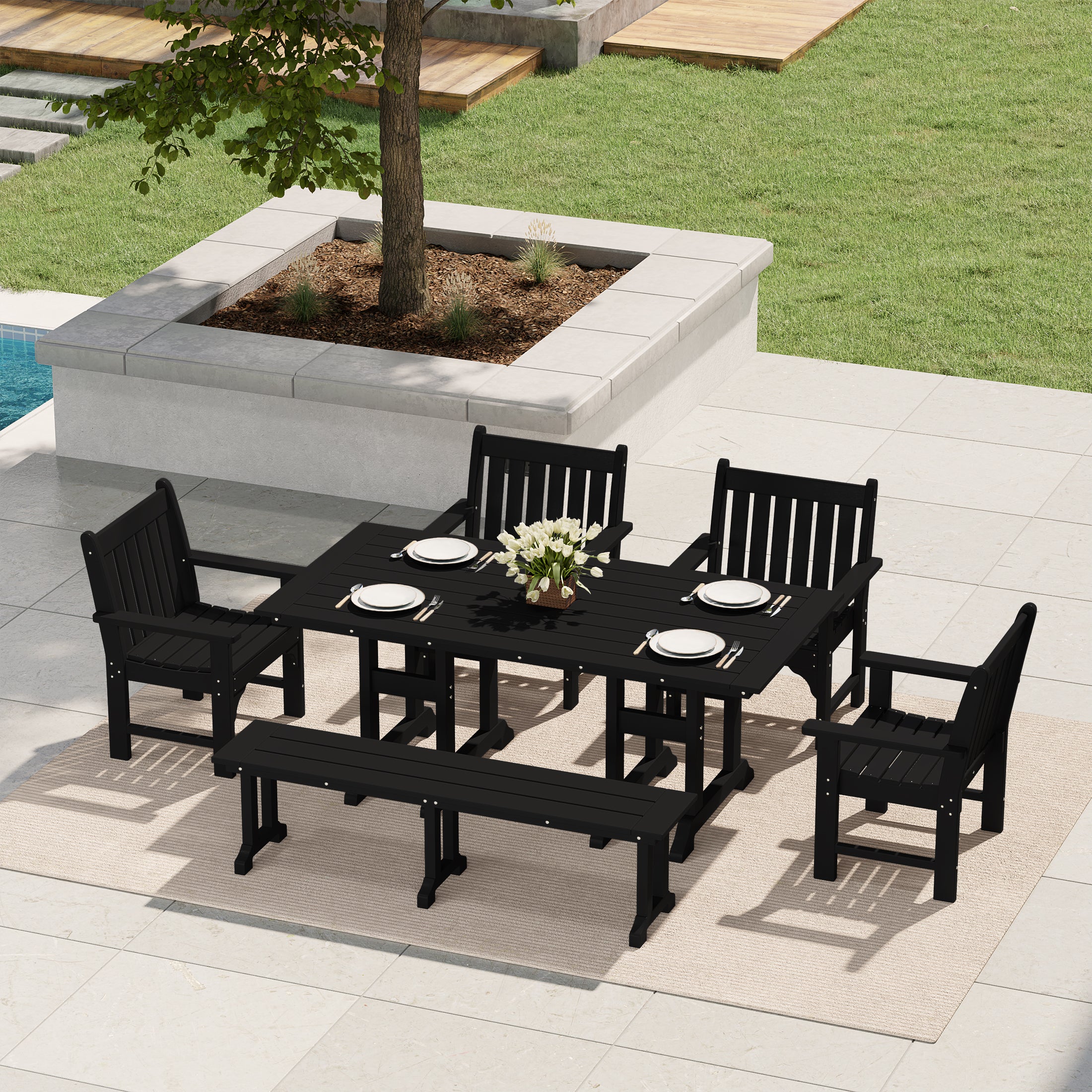 Paradise 6-Piece HDPE Outdoor Rectangle Dining Patio Table and Chairs Set