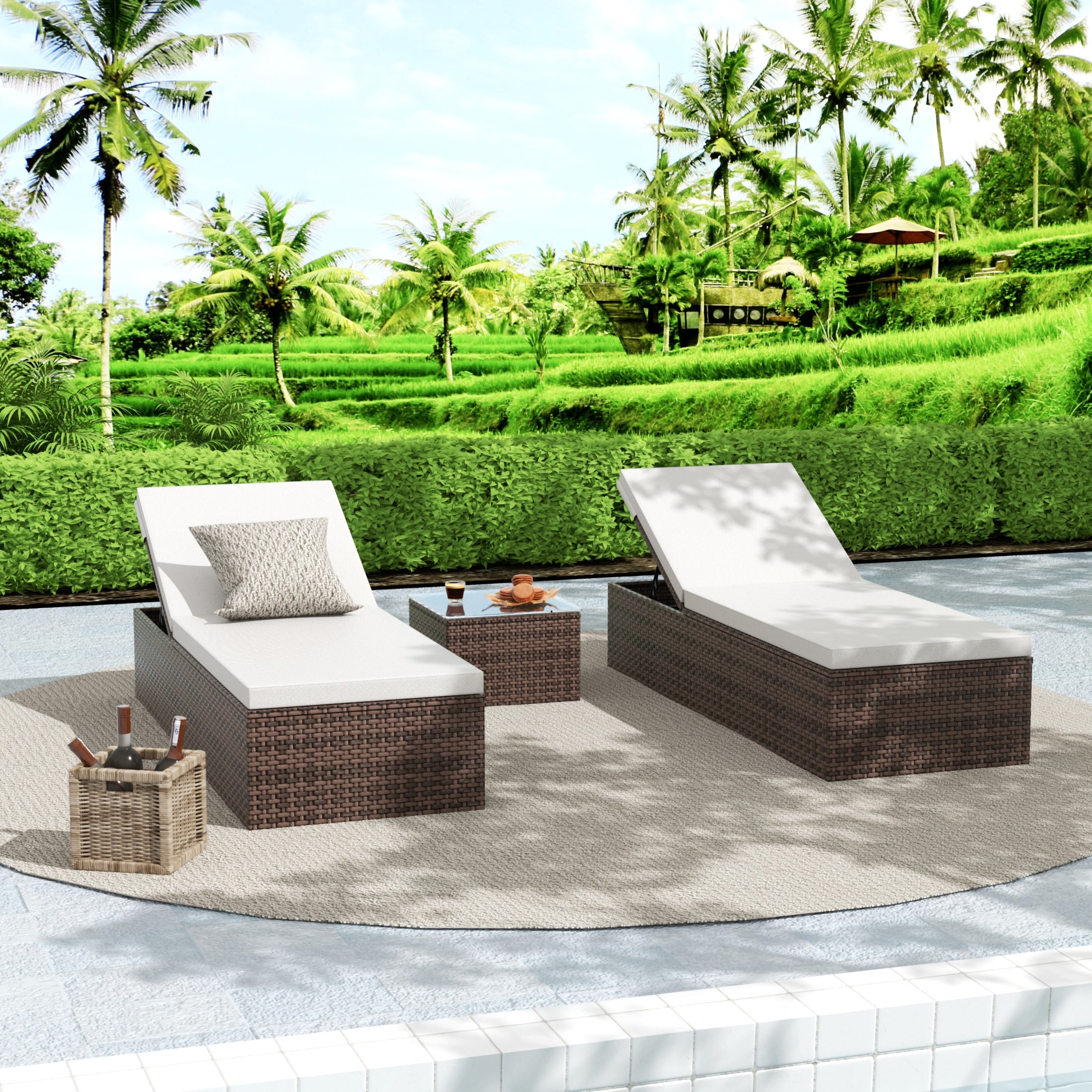 3-Piece Outdoor Wicker Chaise Lounge Set with Side Table