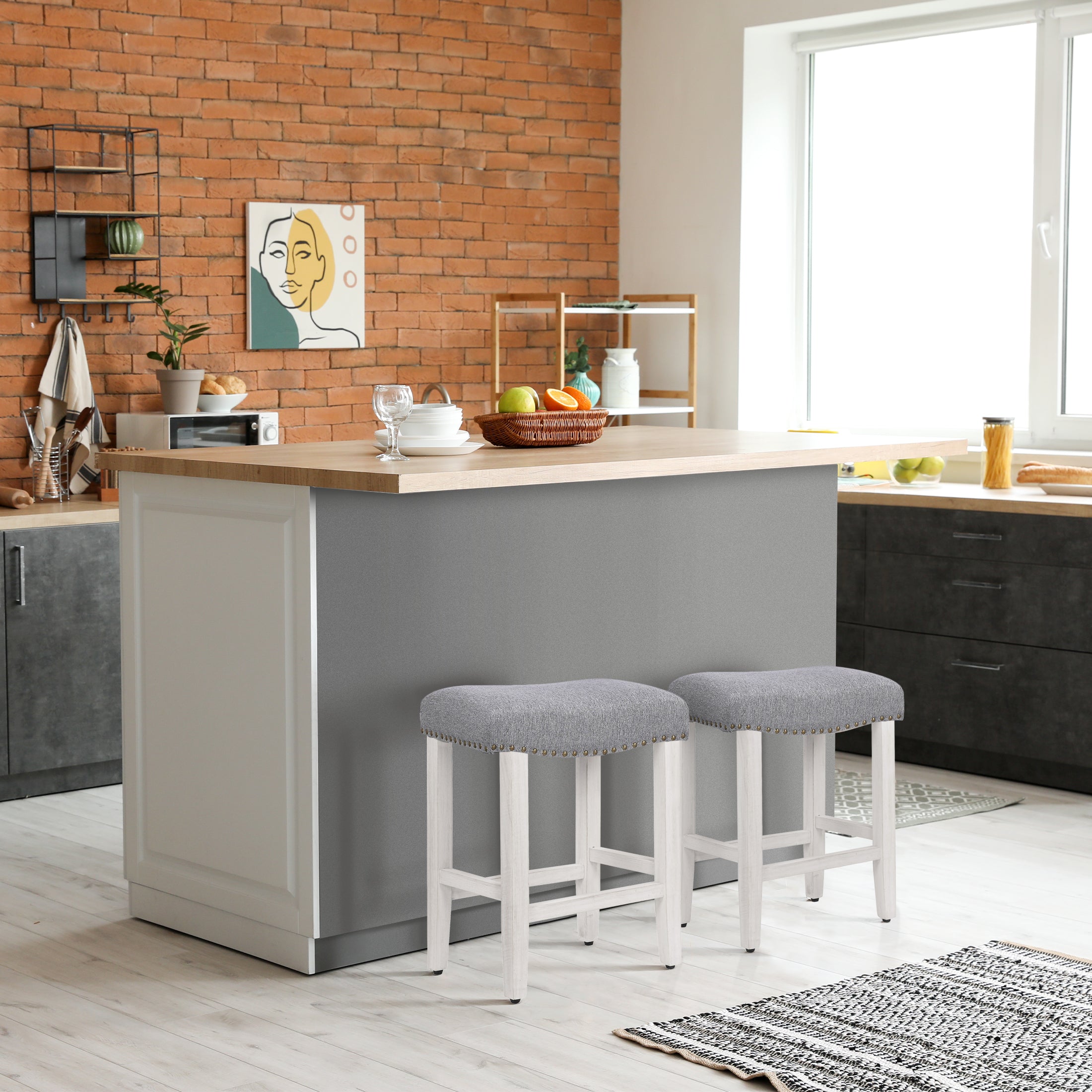 Bulmon 24" upholstered nail head bar counter stools with Antique White color legs (2 piece set)