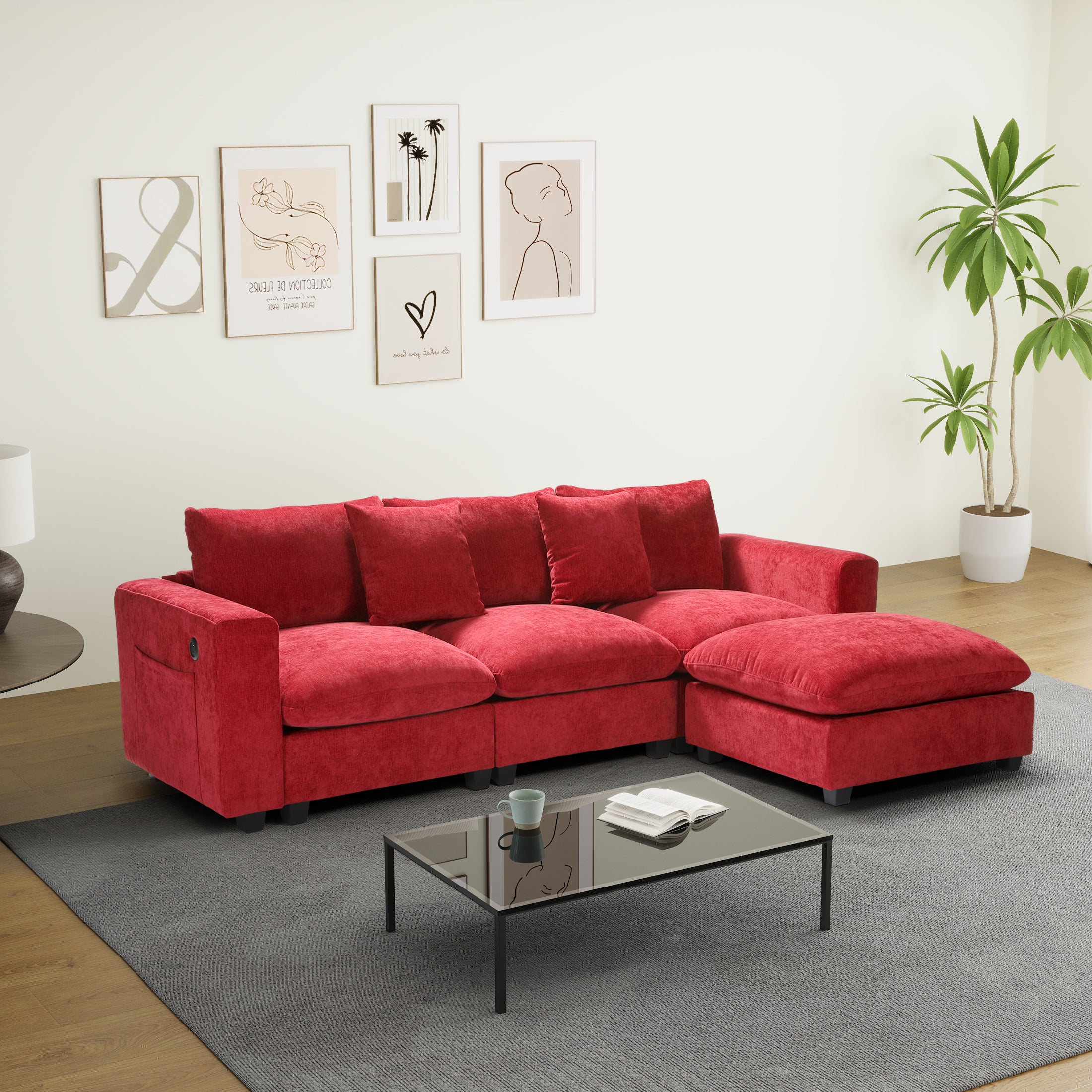 Springfield 99" Modular Chenille L-Shaped Sectional Sofa and Chaise With USB/Type-C Ports and Side Pockets