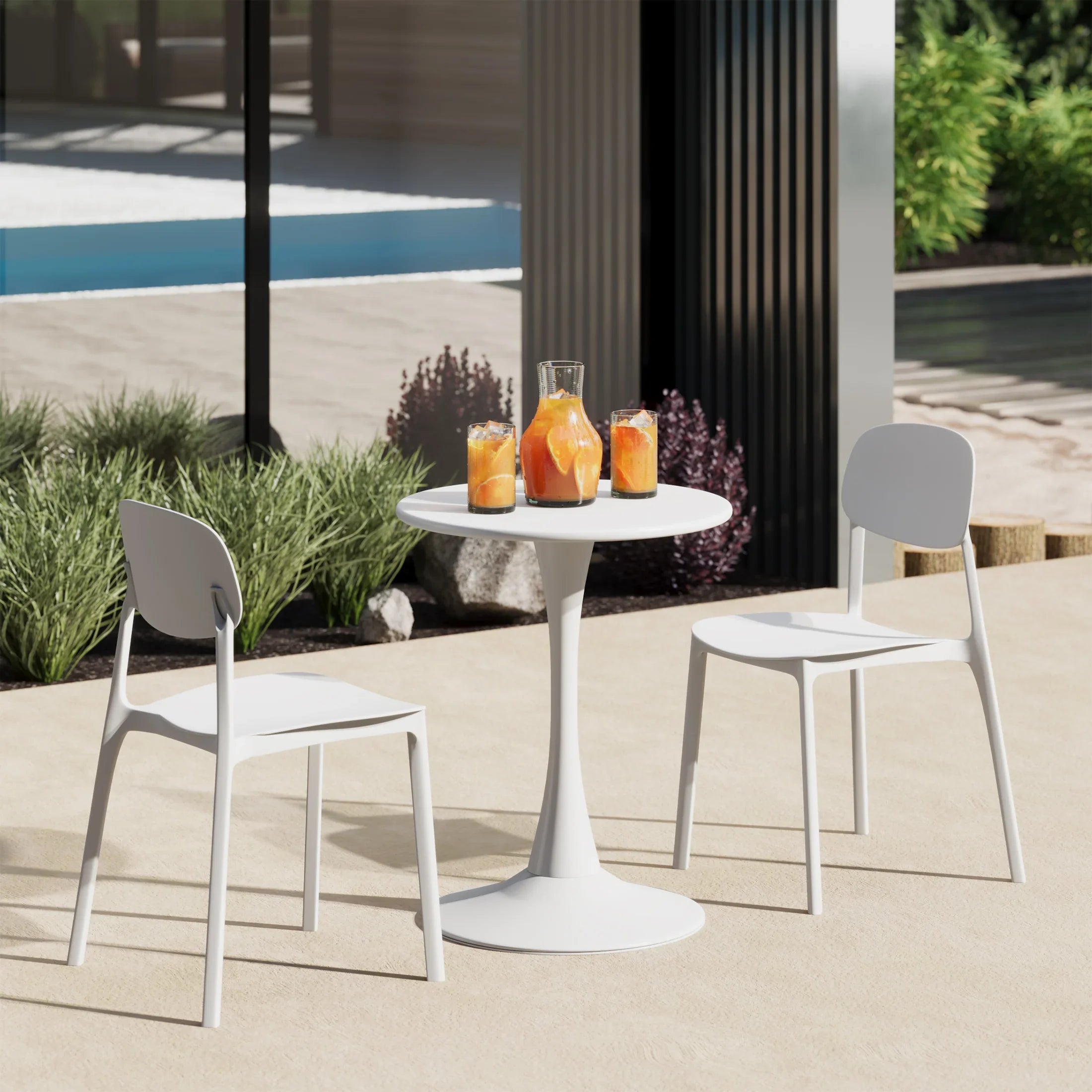 Sunshine 3-Piece Outdoor Round Metal Patio Dining Table Set With Stackable Resin Patio Side Chairs