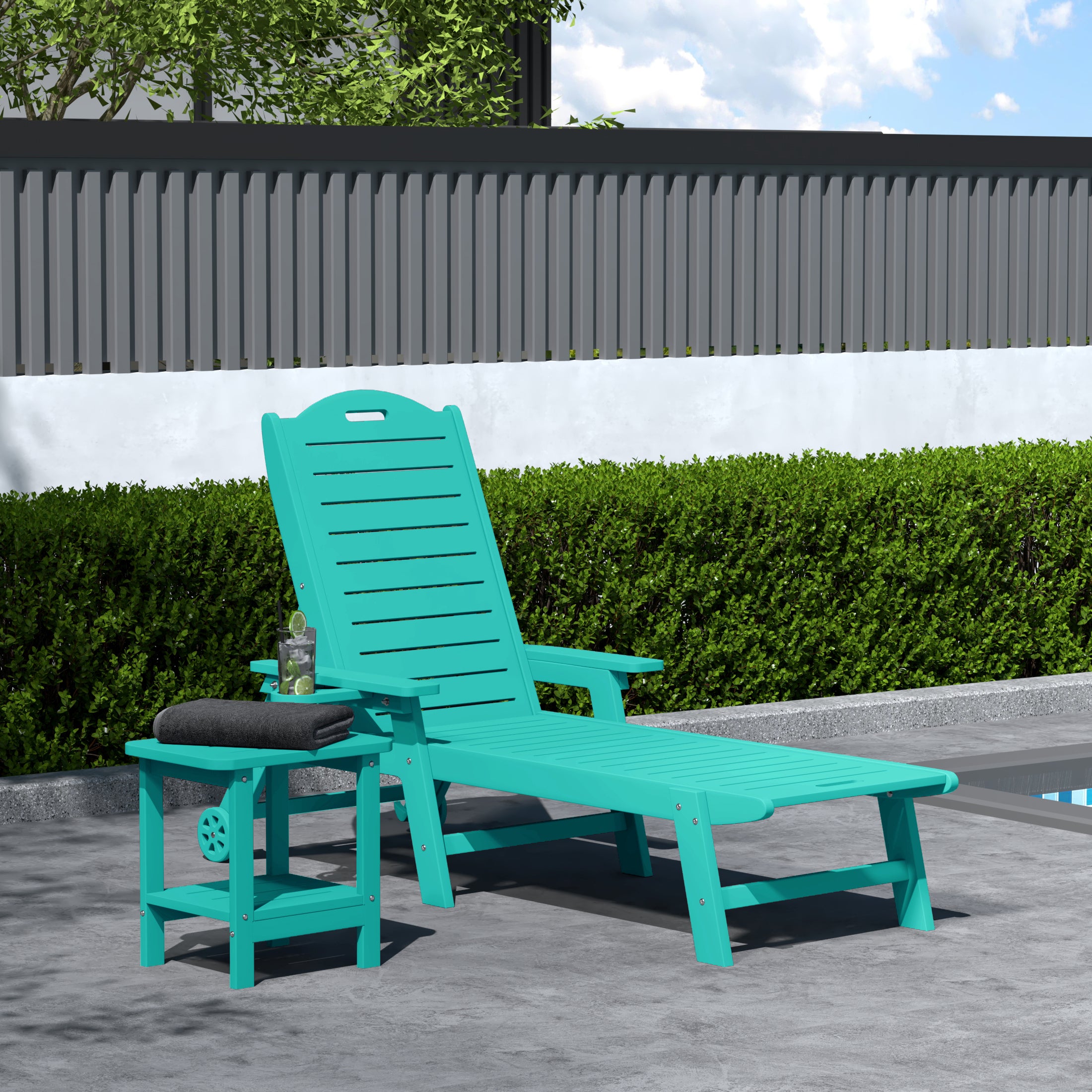 Lago 2-Piece Outdoor Patio Chaise Lounge Chair with Wheels & Cup Holder with Patio Side Table