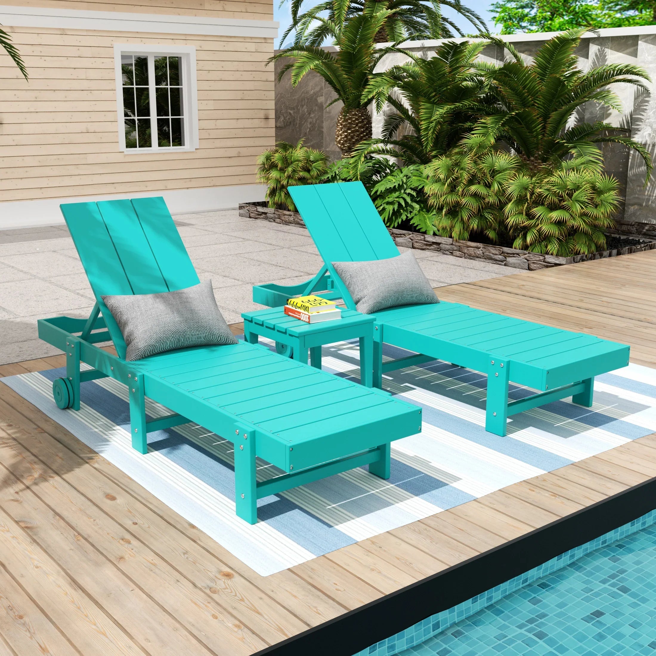 Palms 3 Piece Modern Poly Reclining Chaise Lounge With Wheels