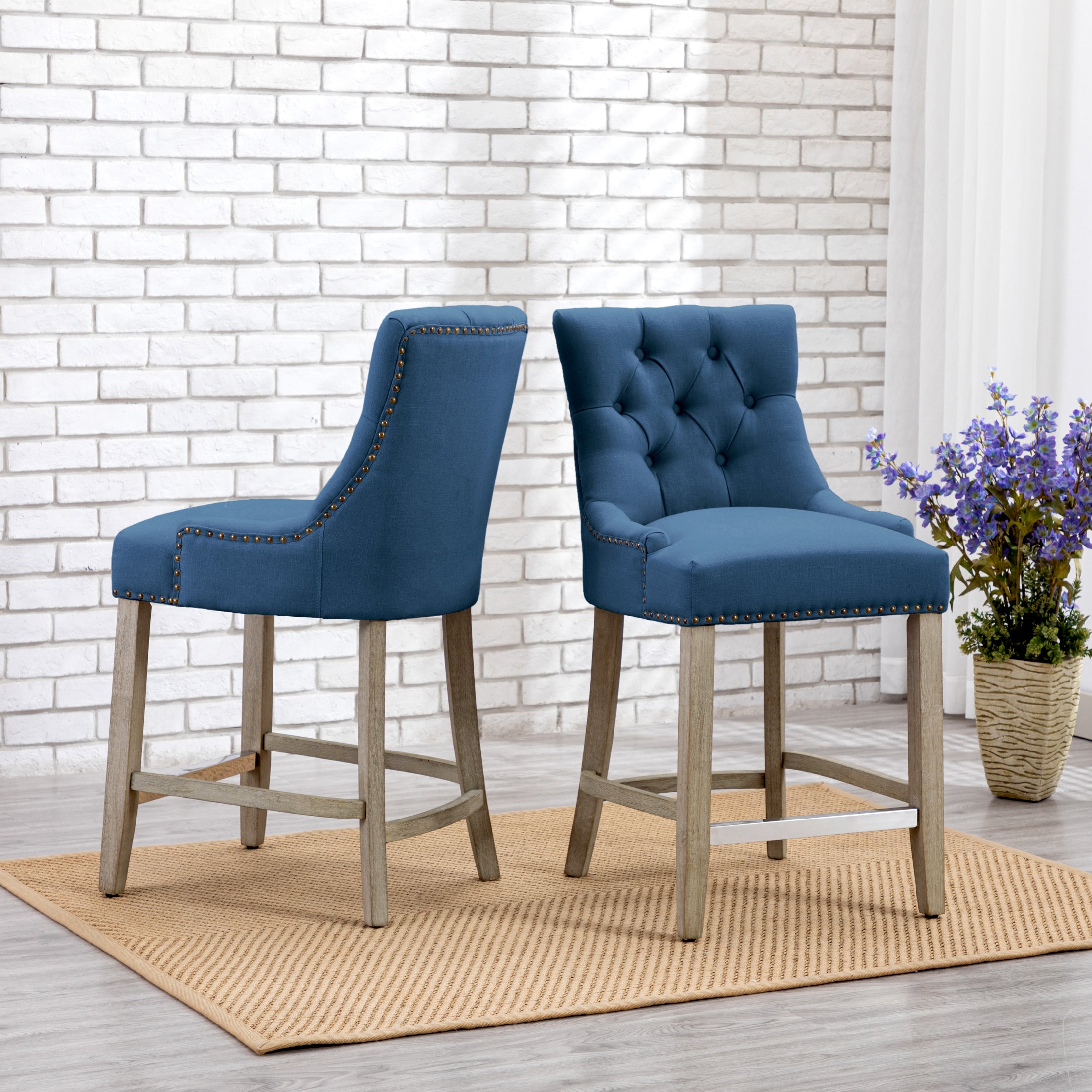 Bellmount 24" Upholstered Wood Bar Stool with Tufted Back (Set of 2)