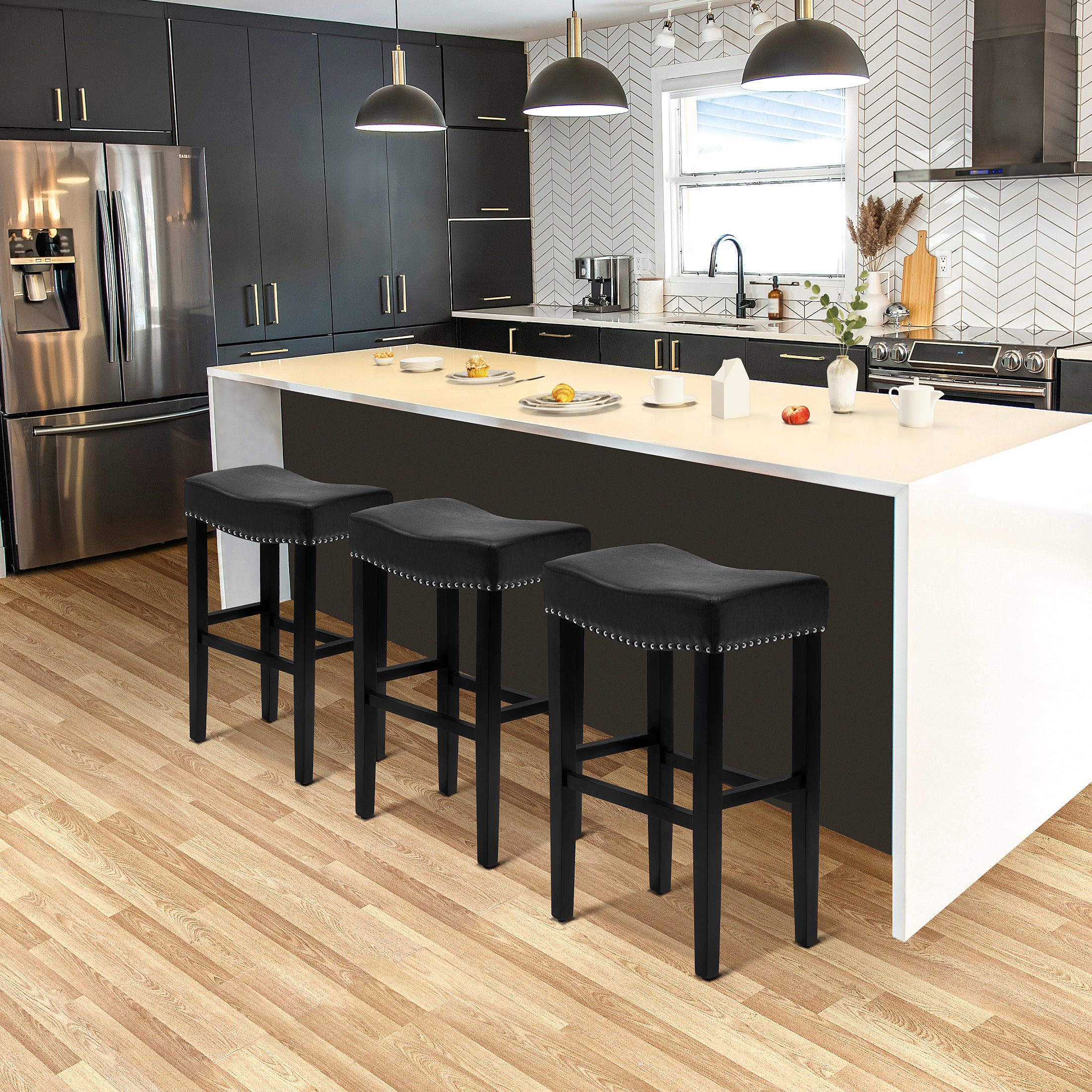 Bulmon 29" Upholstered Saddle Seat Black Bar Stool (Set of 3)