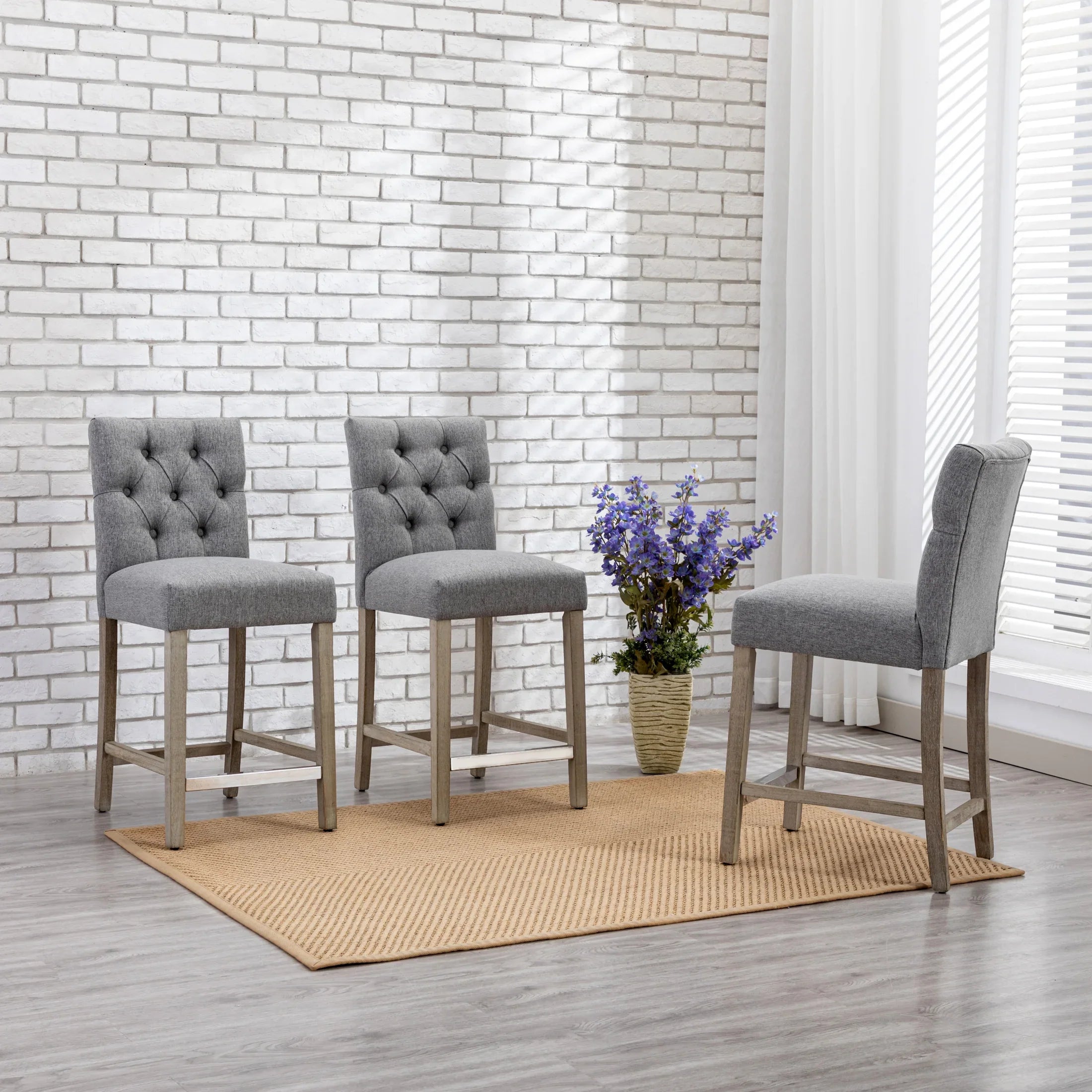 Bellmount 24" Upholstered Wood Counter Stool with Tufted Back (Set of 3)