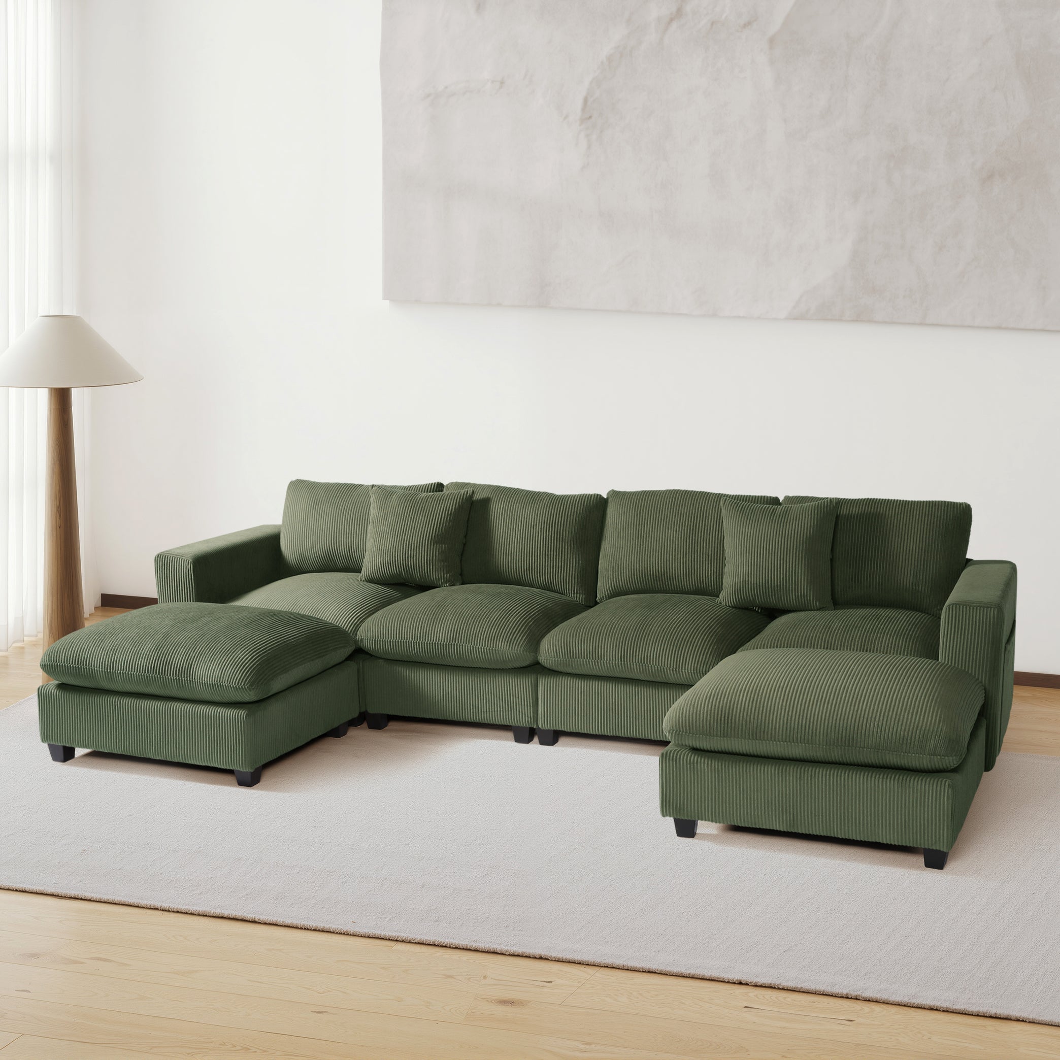 Ava 128" Corduroy Modular U-Shaped Sectional Couch and Chaise With USB/Type-C Ports and Side Pockets