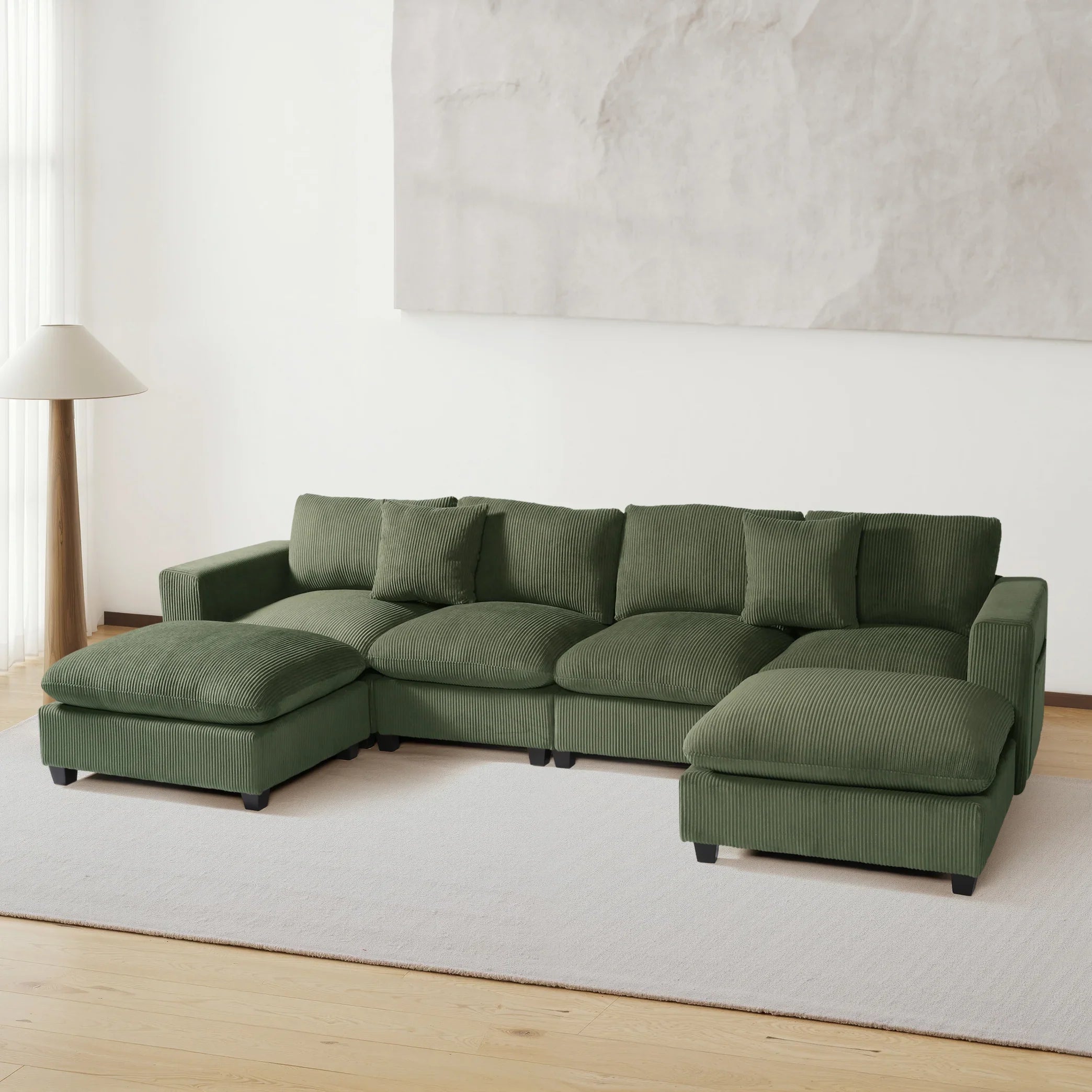 Ava 128" Corduroy Modular U-Shaped Sectional Couch and Chaise With USB/Type-C Ports and Side Pockets