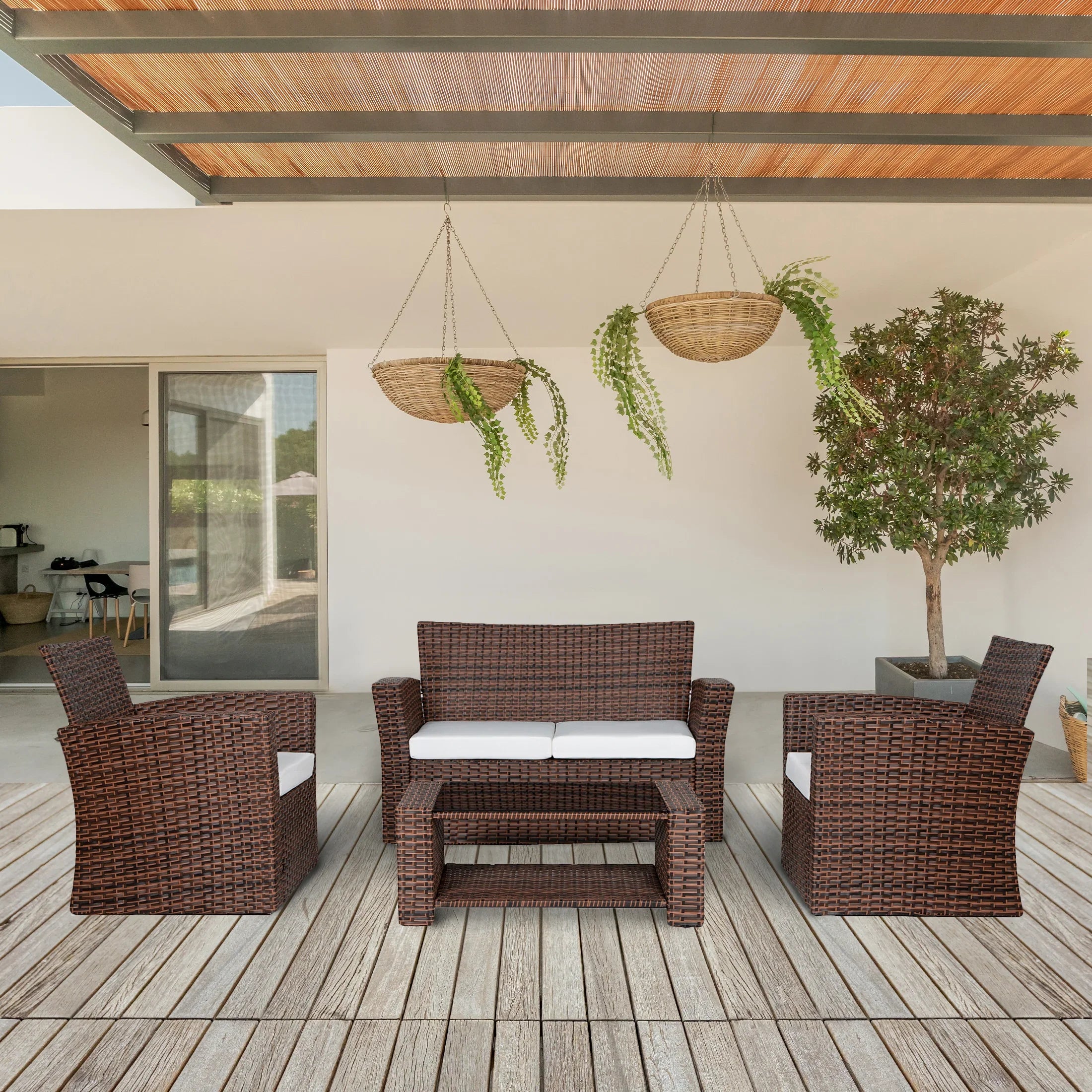 Wynston 4-Piece set Brown color base Outdoor / Patio Wicker Rattan Conversation Sofa set with cushions and a Coffee table ( 4 seater )