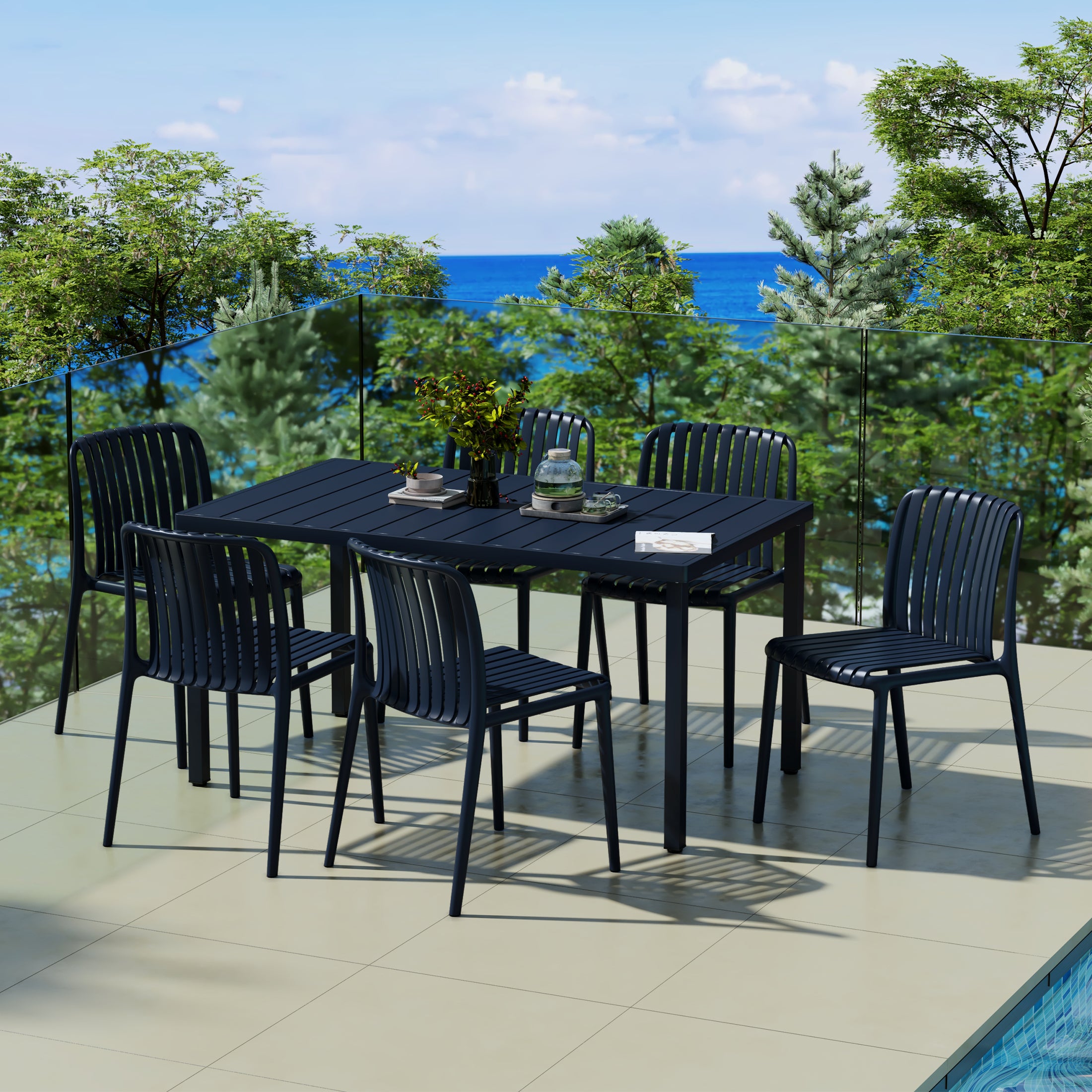 Sunshine 7-Piece Outdoor Patio Dining Table Set With Stackable Patio Chairs