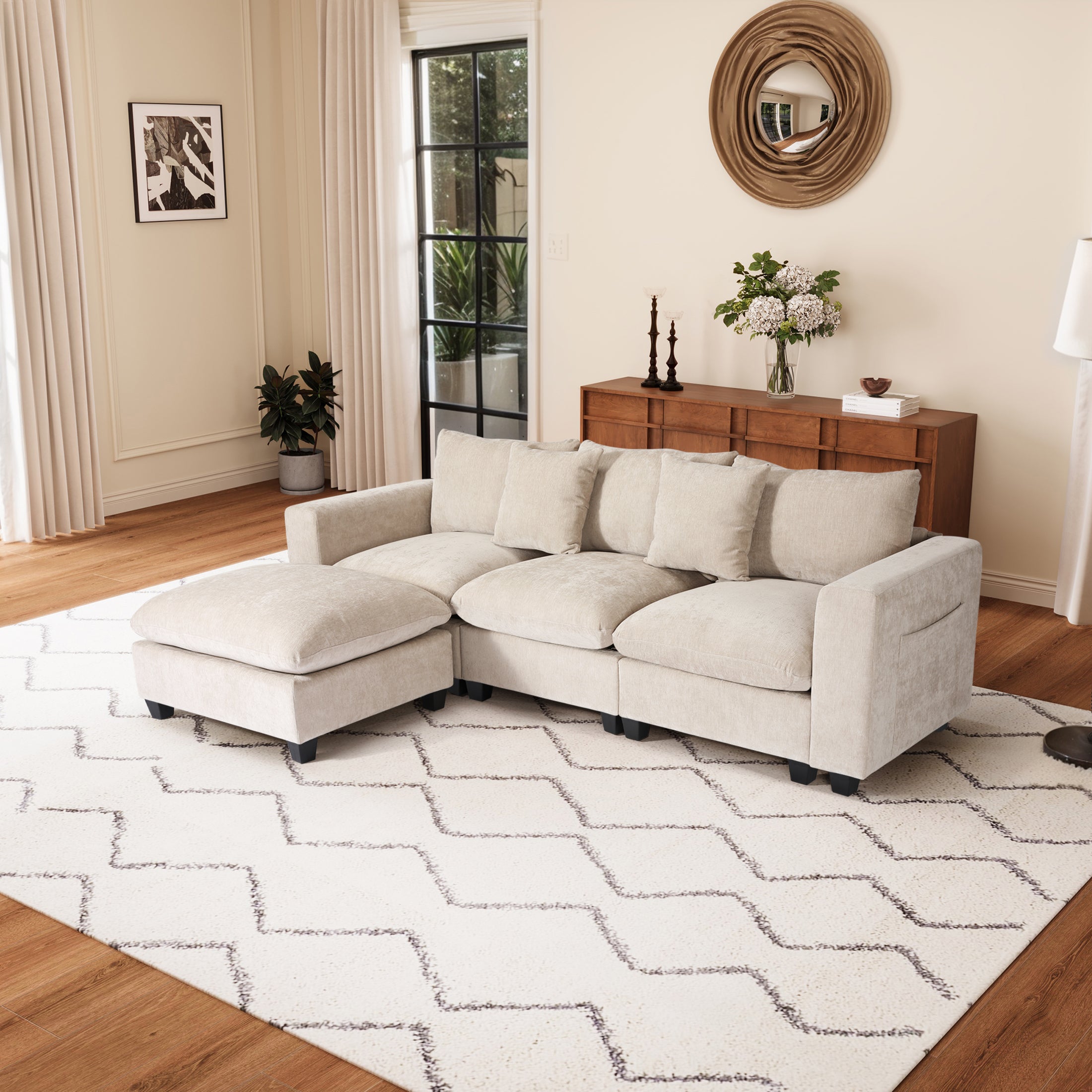 Springfield 99" Modular Chenille L-Shaped Sectional Sofa and Chaise With USB/Type-C Ports and Side Pockets