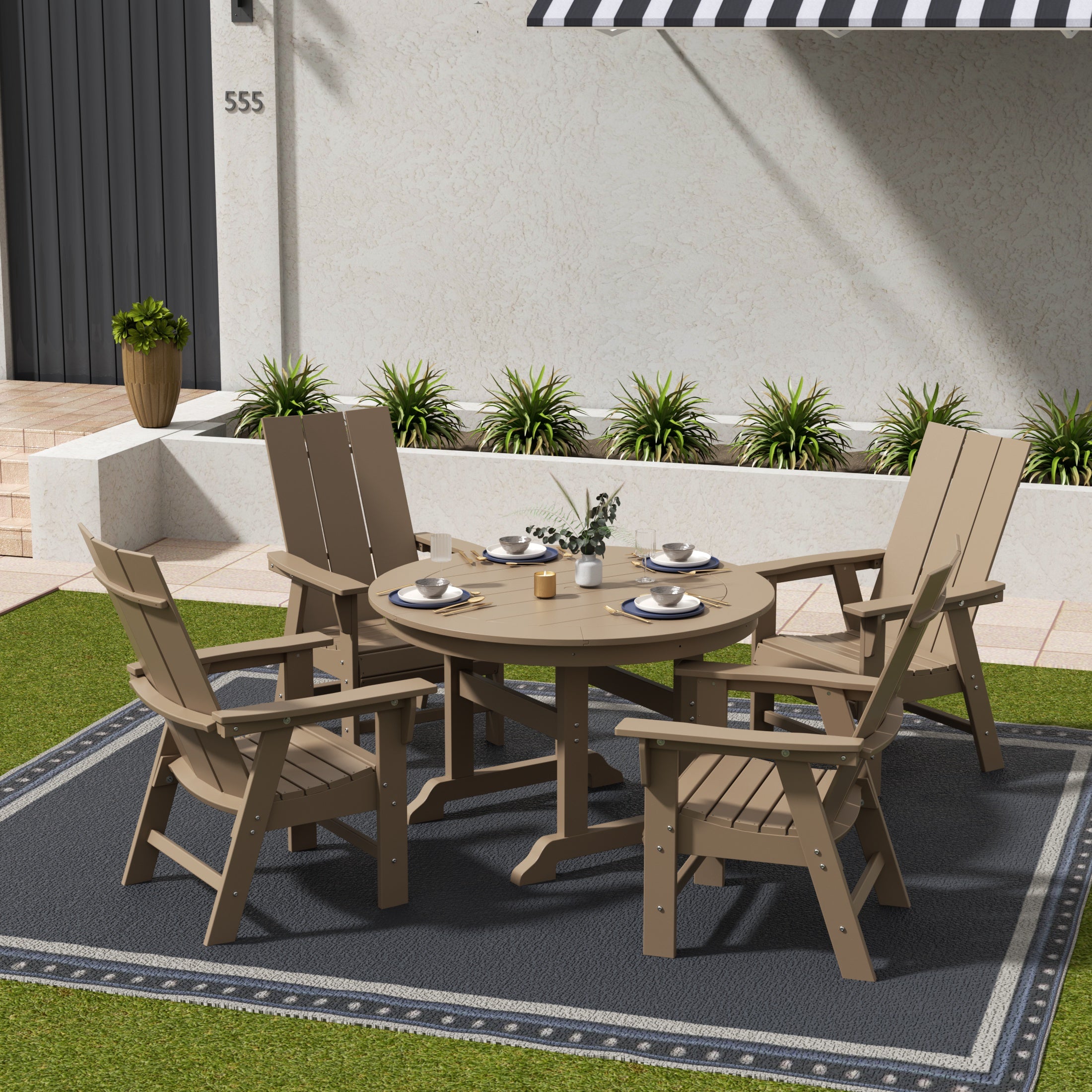 Palms 5 Piece Outdoor Patio Dining Round Table and Modern Armchair Set