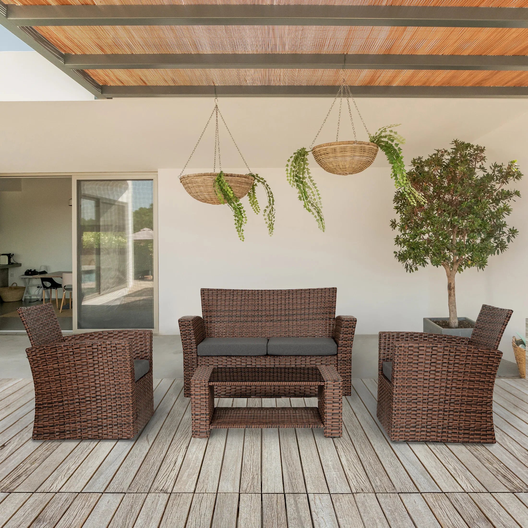 Wynston 4-Piece set Brown color base Outdoor / Patio Wicker Rattan Conversation Sofa set with cushions and a Coffee table ( 4 seater )