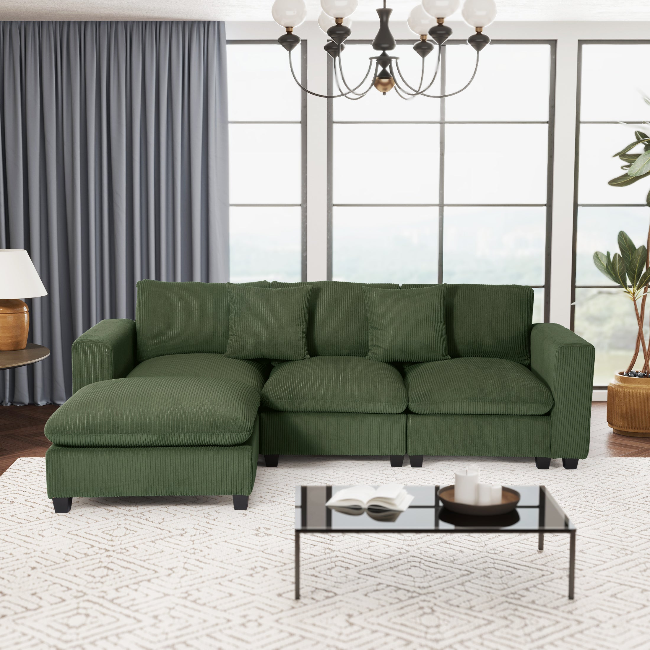Ava 99" Modular Corduroy L-Shaped Sectional Sofa and Chaise With USB/Type-C Ports and Side Pockets